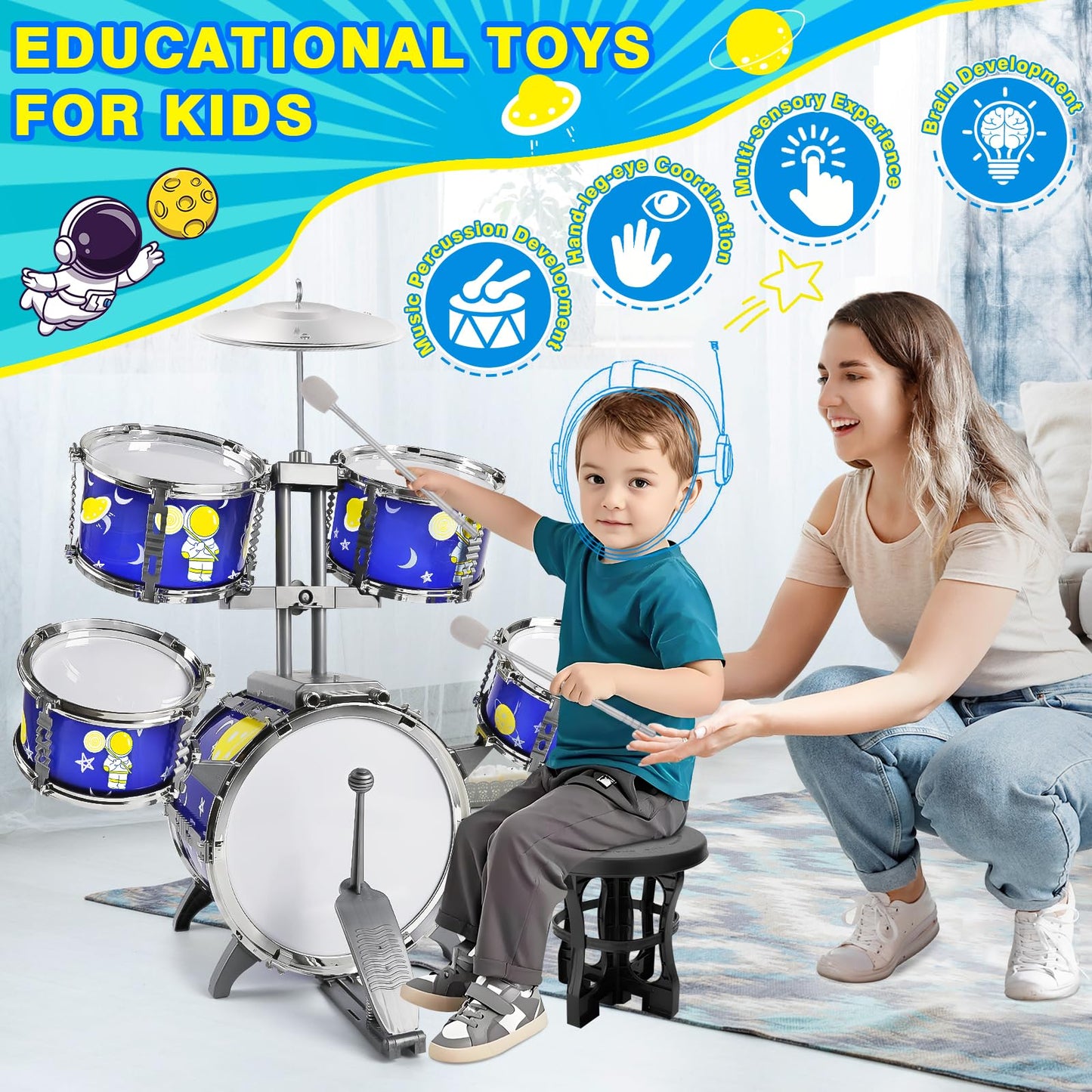 TWFRIC Toddler Drum Set Toys for Boys 3-5 – 5-Drum Jazz Kit with Bass Drum & Stool