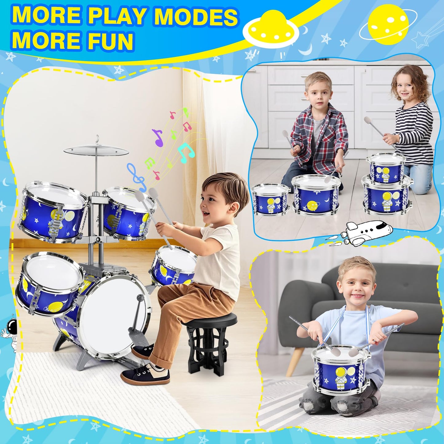 TWFRIC Toddler Drum Set Toys for Boys 3-5 – 5-Drum Jazz Kit with Bass Drum & Stool