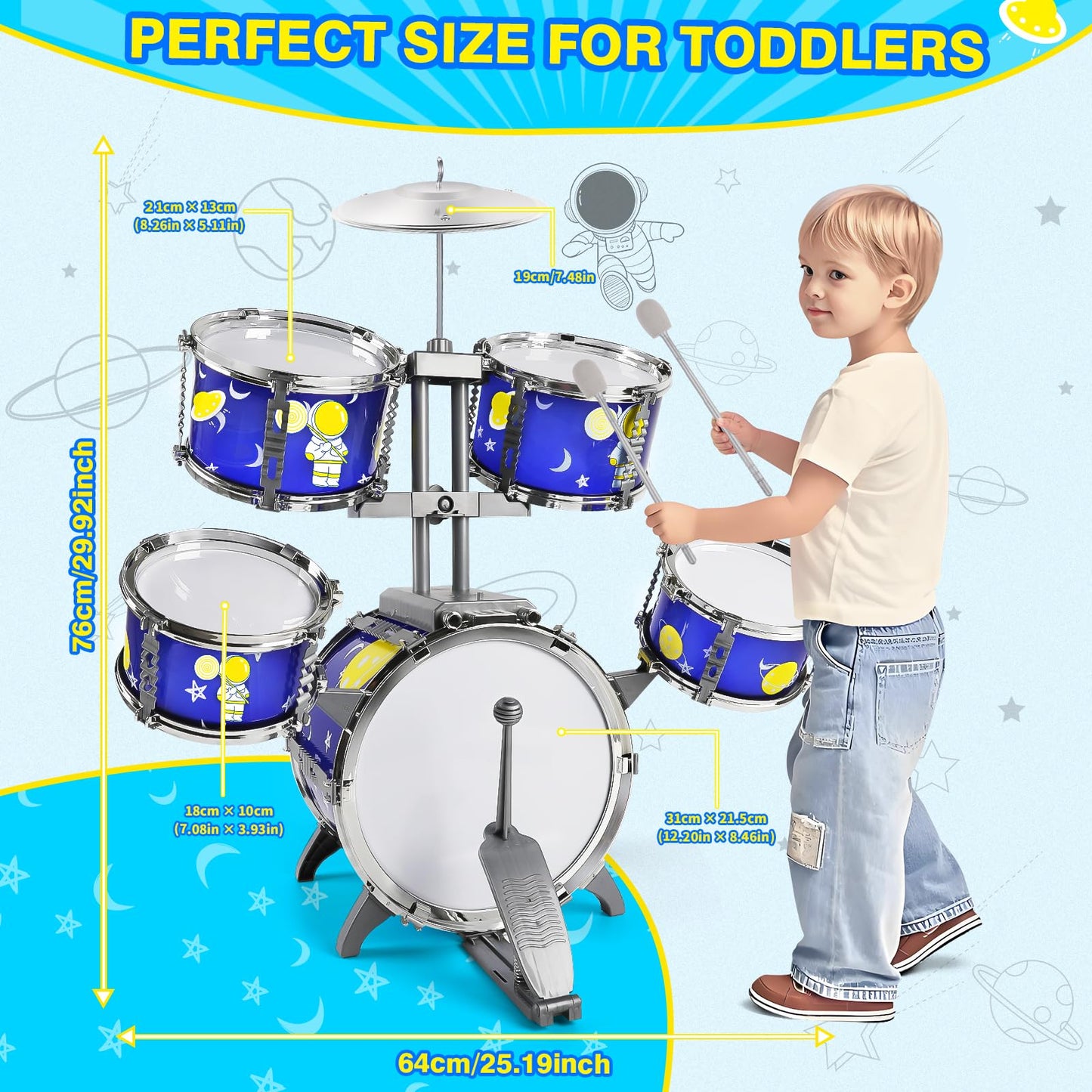 TWFRIC Toddler Drum Set Toys for Boys 3-5 – 5-Drum Jazz Kit with Bass Drum & Stool