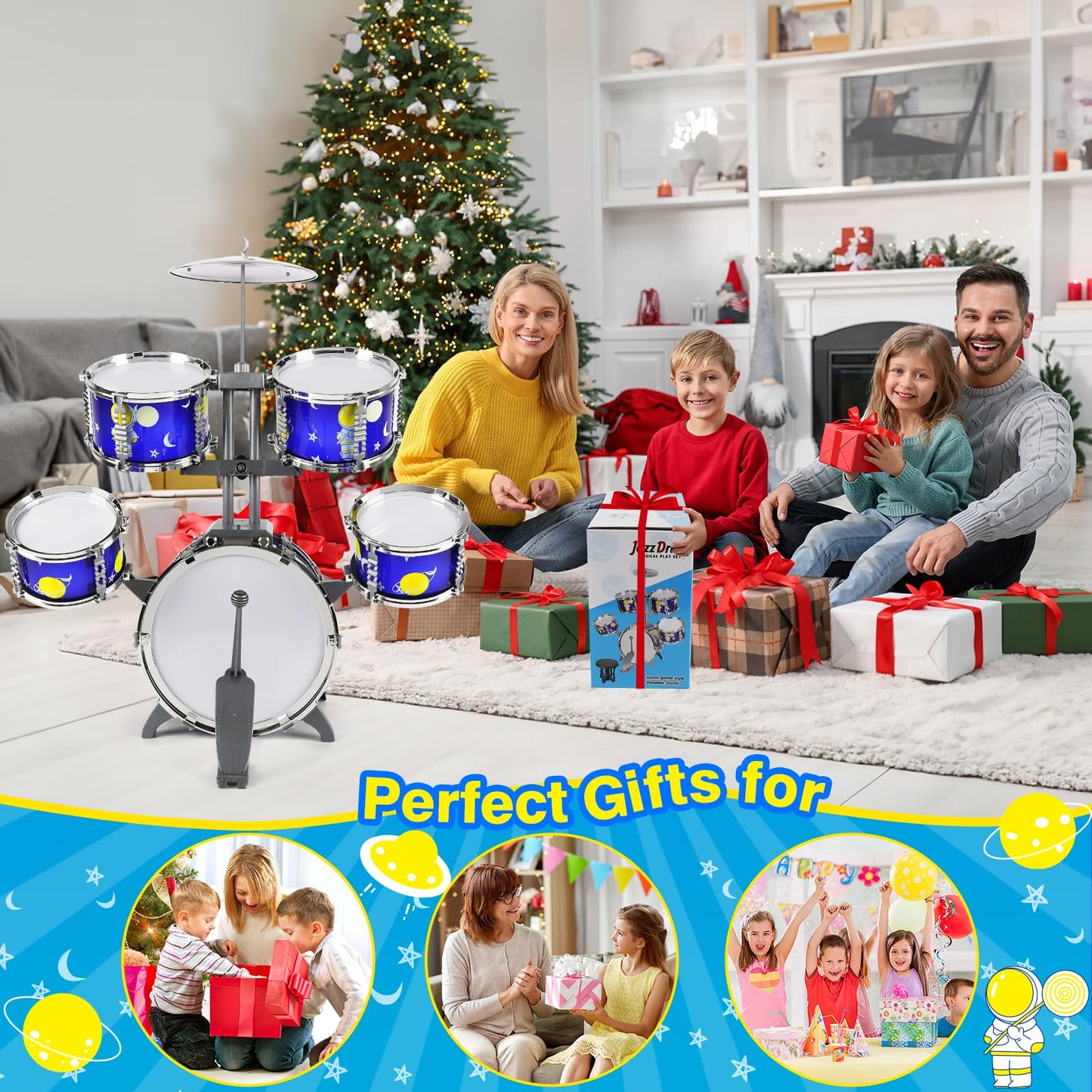 TWFRIC Toddler Drum Set Toys for Boys 3-5 – 5-Drum Jazz Kit with Bass Drum & Stool