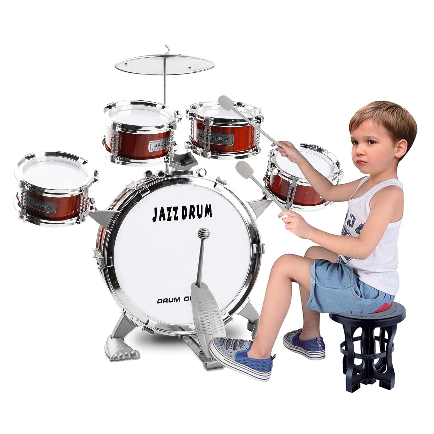 TWFRIC Toy Drum Set for Toddlers & Kids – 5-Drum Jazz Kit with Stool & Pedal (Ages 3-5)