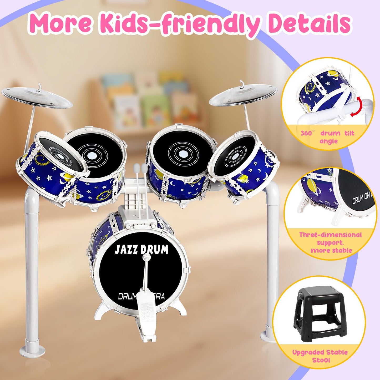 TWFRIC Toy Drum Set for Kids – 5-Drum Toddler Jazz Kit for Ages 3-5