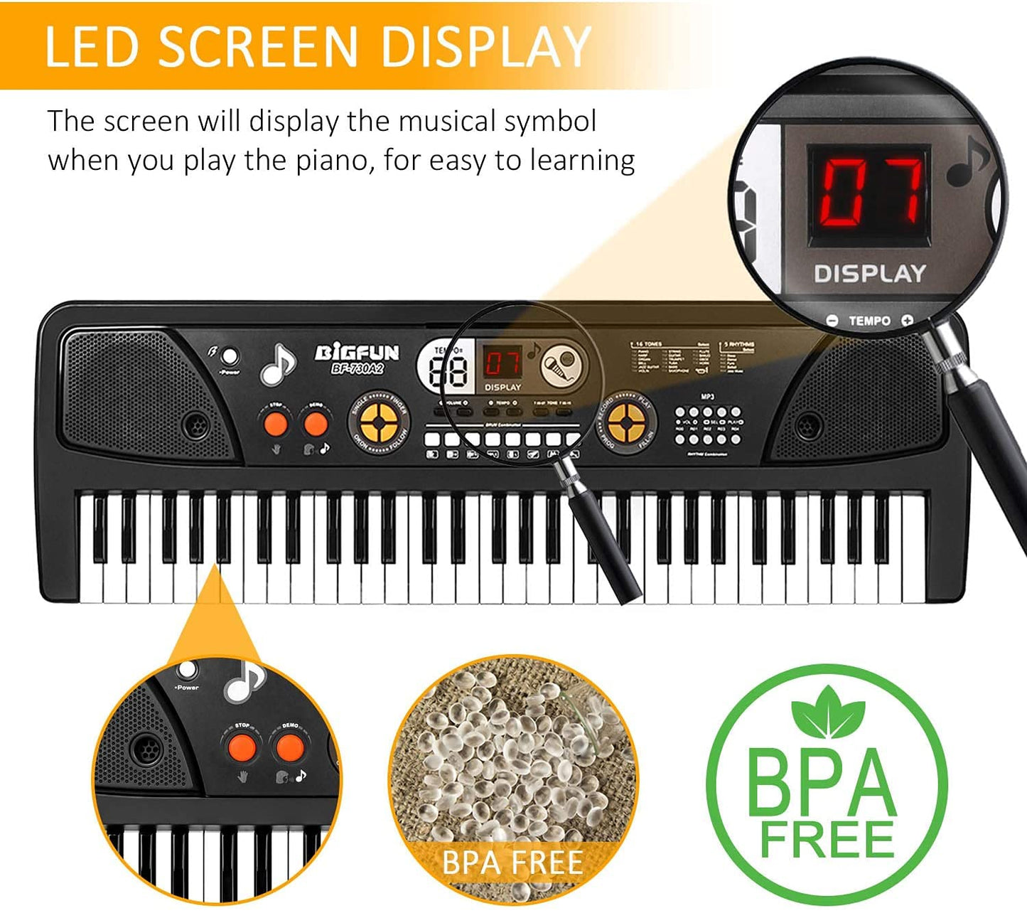 TWFRIC Upgrade Keyboard Piano for Kids - 61-Key Electronic Keyboard with LED Screen & Microphone