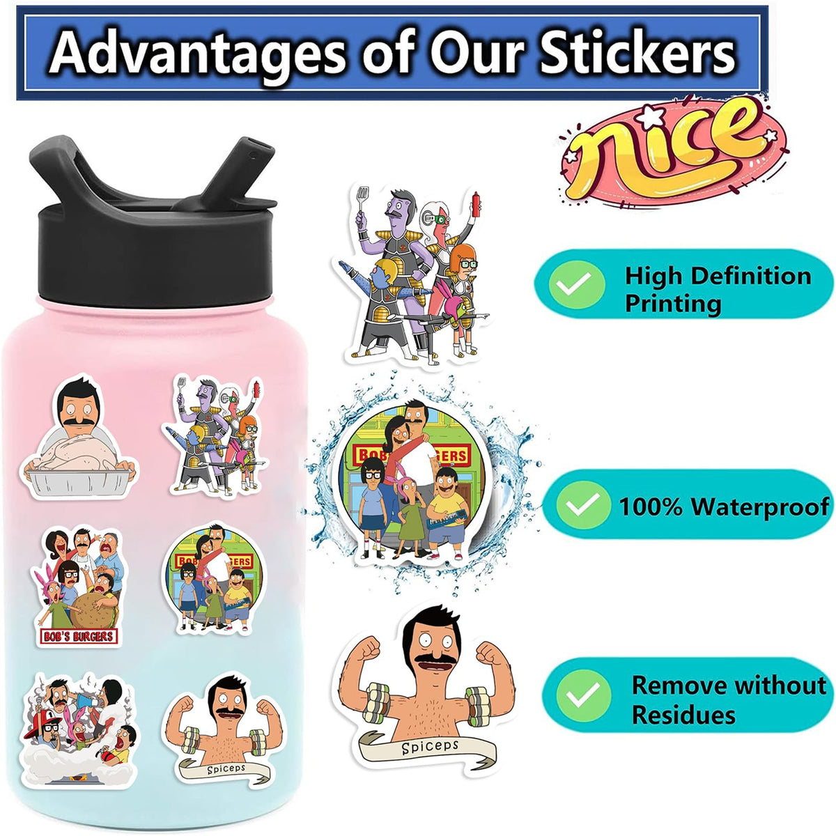 TWGOGOTIC Bob's Burgers Stickers – 50 Waterproof Vinyl Stickers for Water Bottles, Laptops & More