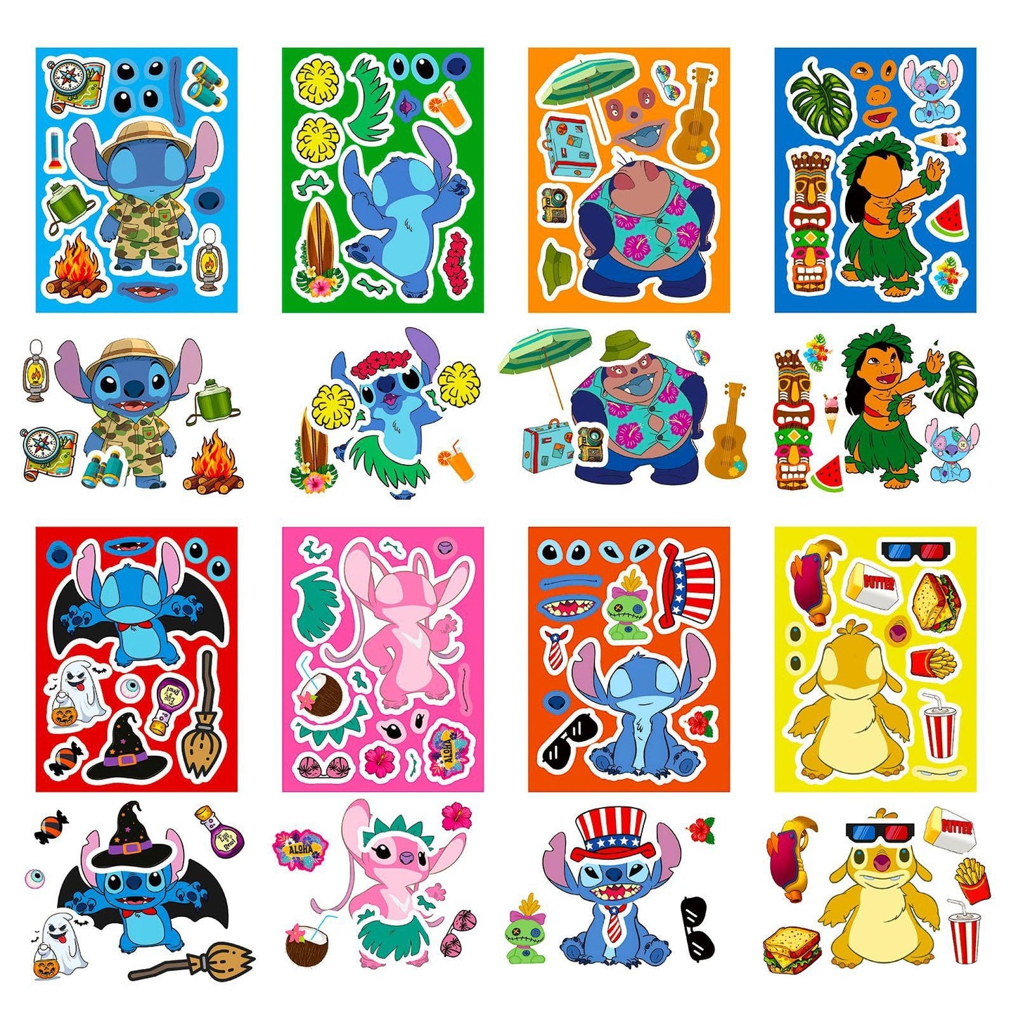 TWGOGOTIC 24Sheets Make-a-face Cartoon Stitch Stickers – 8 Characters for Teens, Party Favors & DIY Fun