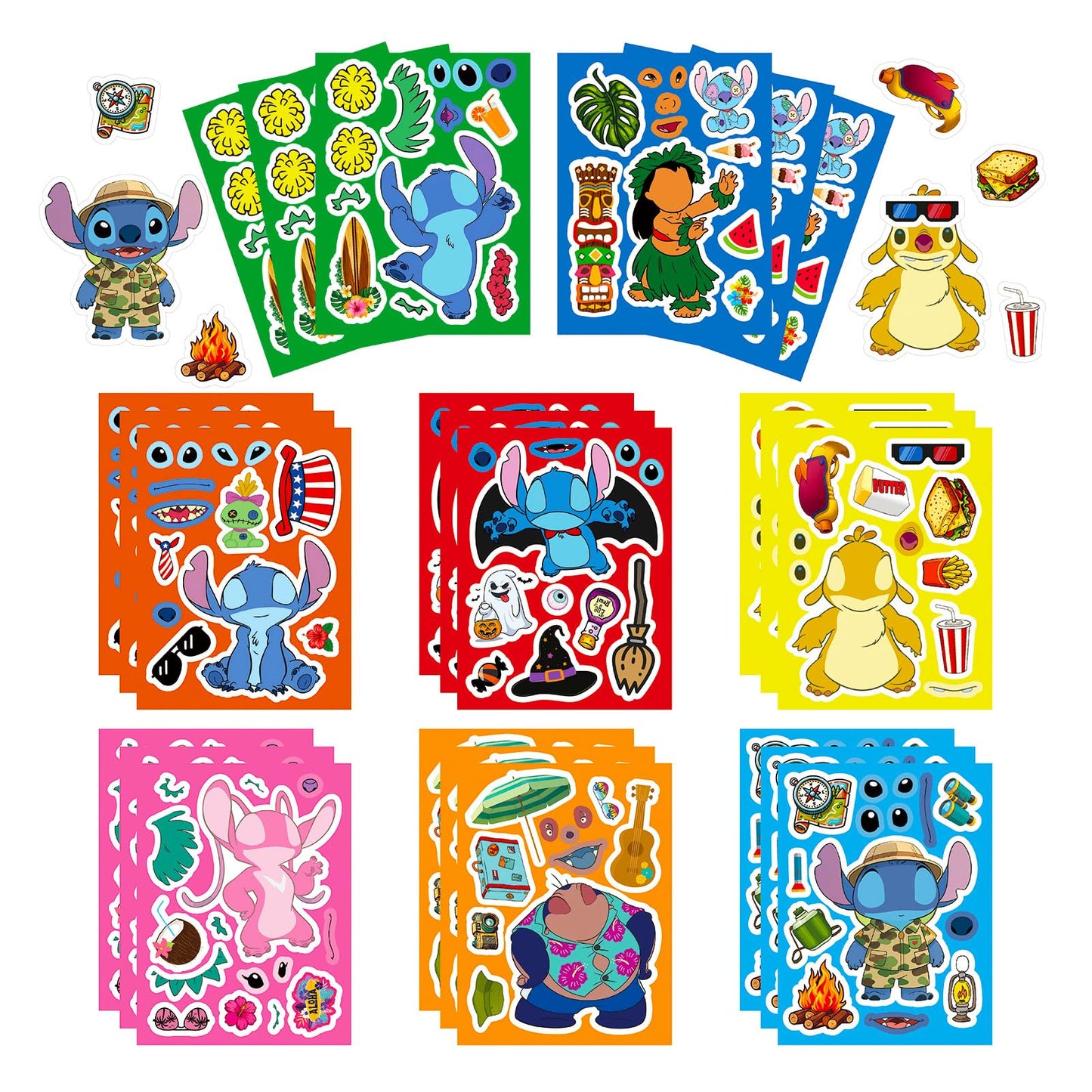 TWGOGOTIC 24Sheets Make-a-face Cartoon Stitch Stickers – 8 Characters for Teens, Party Favors & DIY Fun