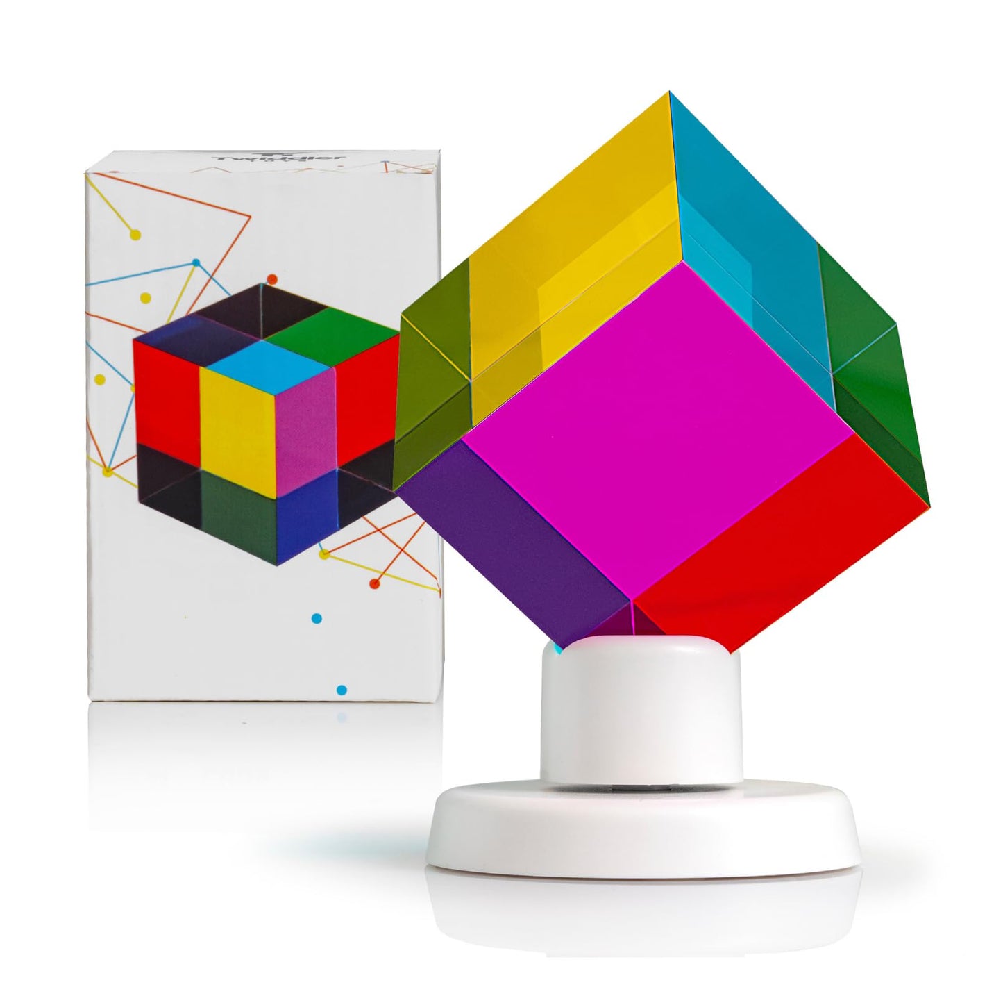 Twiddler Toys Color Mixing Cube with Display Stand – 2 Inch Cyan, Yellow & Magenta Acrylic Prism