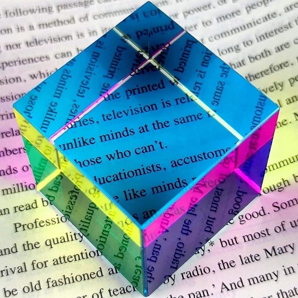 Twiddler Toys Color Mixing Cube with Display Stand – 2 Inch Cyan, Yellow & Magenta Acrylic Prism