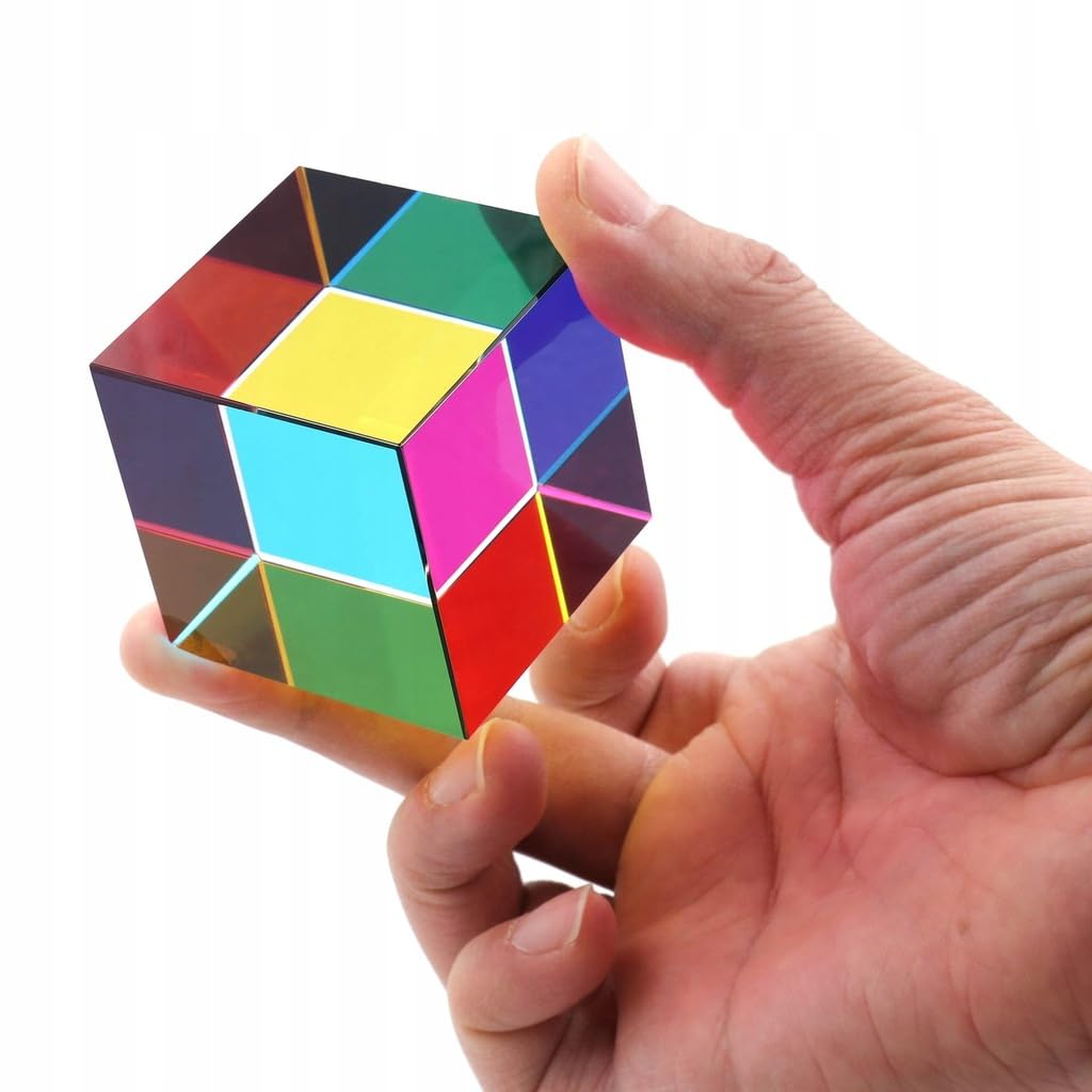 Twiddler Toys Color Mixing Cube with Display Stand – 2 Inch Cyan, Yellow & Magenta Acrylic Prism