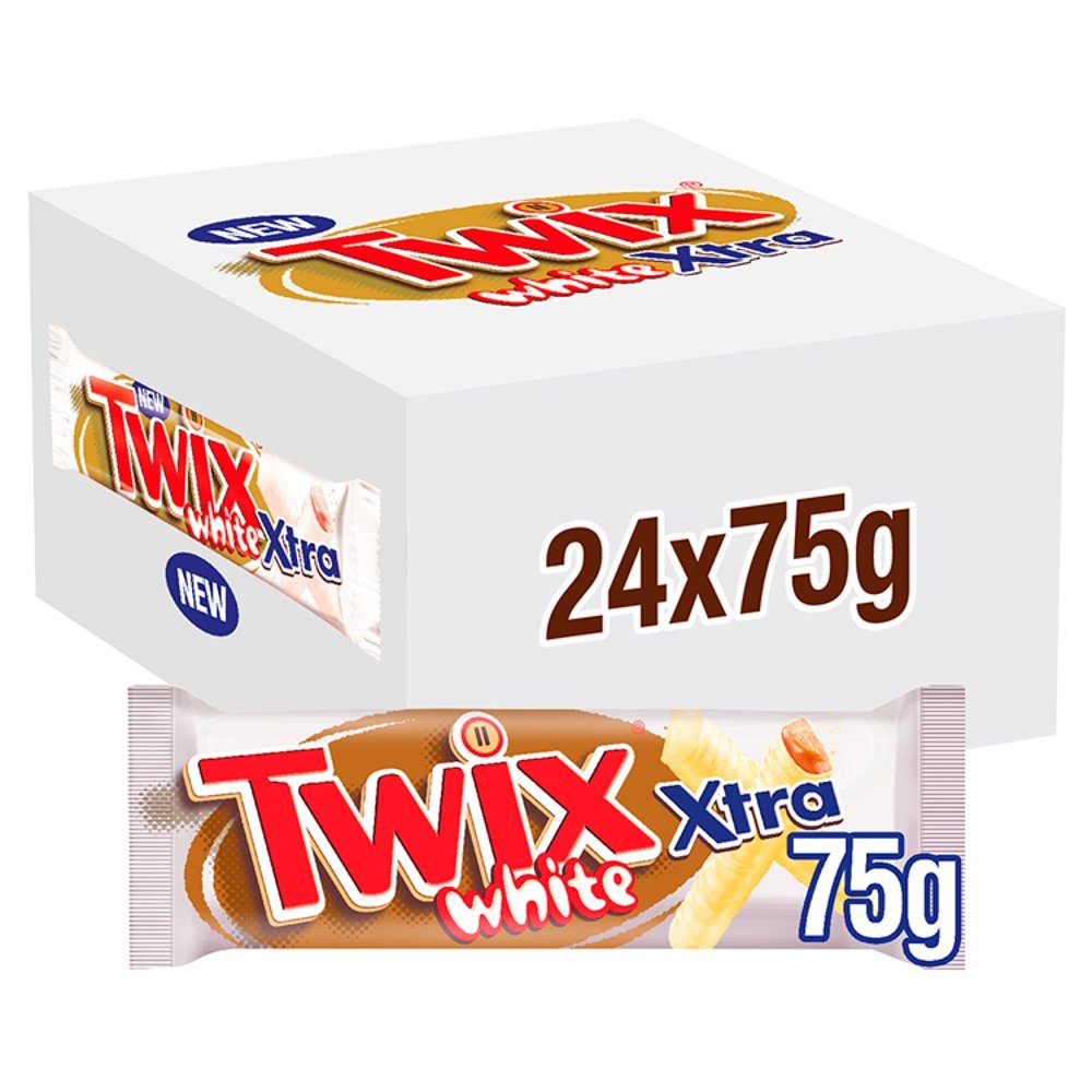 Twix Xtra White Chocolate Biscuit Twin Bars, 75g (Box of 24)