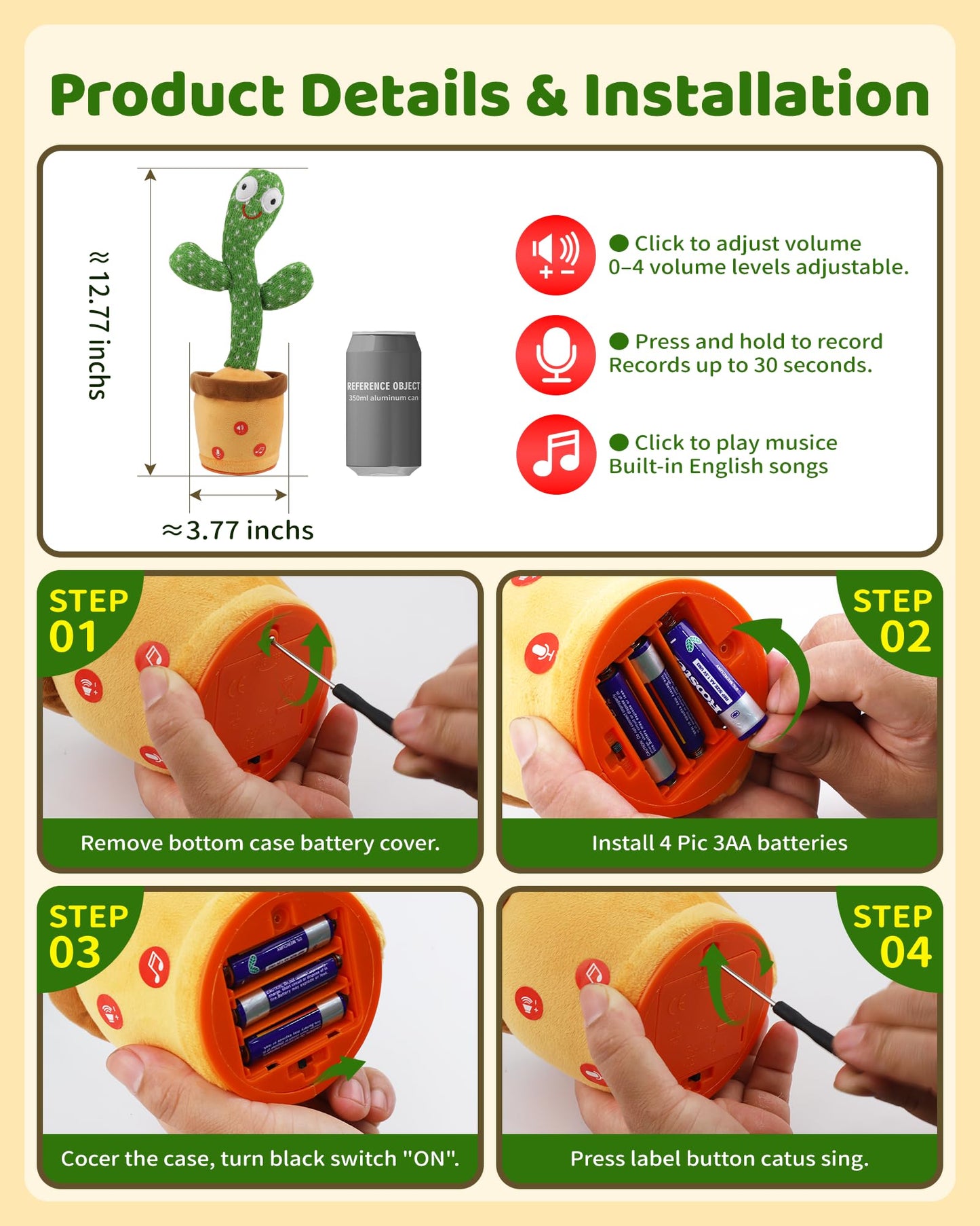 TWORIVER Dancing Talking Cactus Toy — 120 Songs, Recording & Adjustable Volume