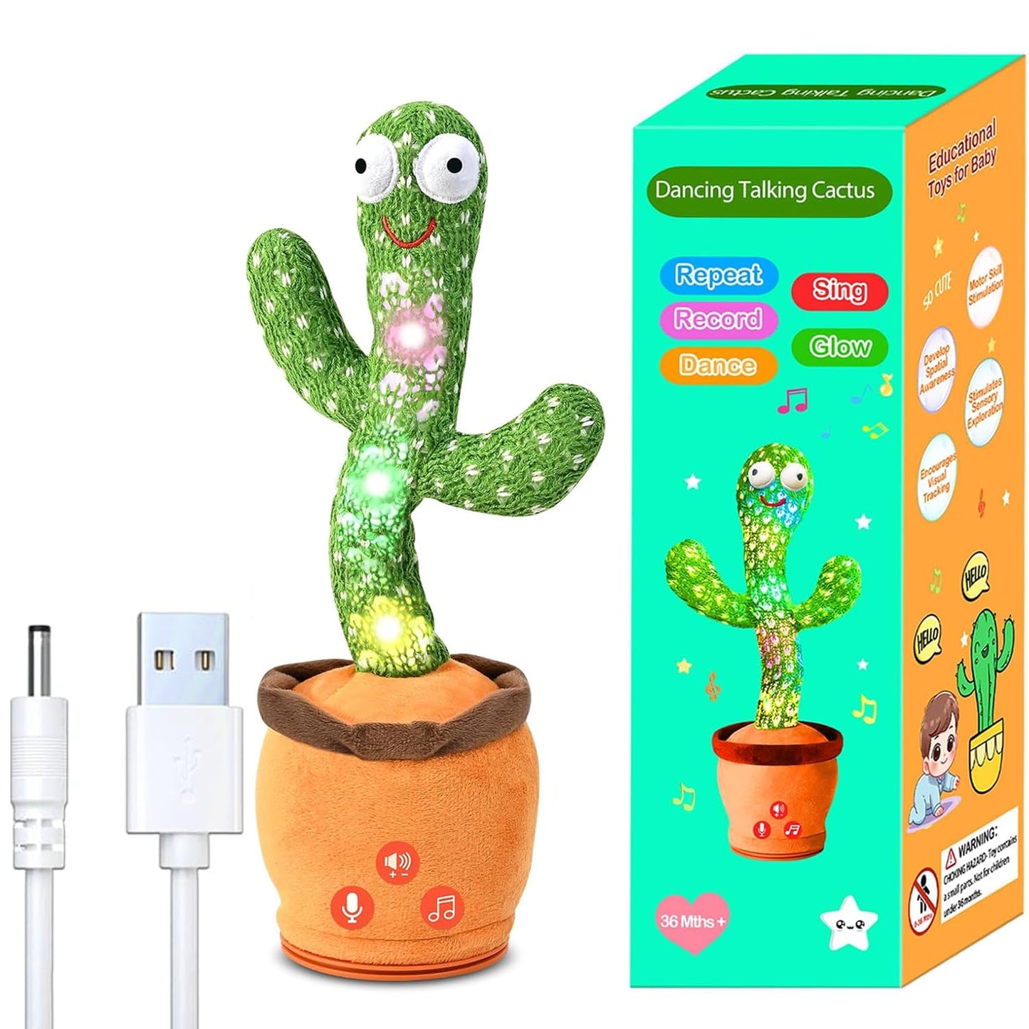TWORIVER Rechargeable Dancing Talking Cactus Toy – 120 English Songs, Recording & Repeating