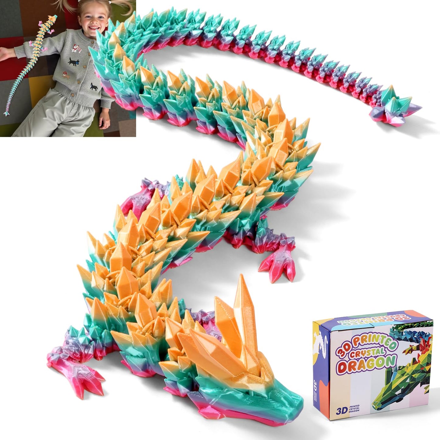 TXB3DOK 31.5-Inch Giant 3D Printed Dragon – Rainbow, Articulated Desk Decor