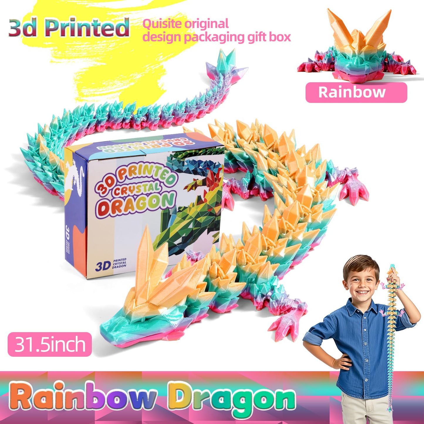 TXB3DOK 31.5-Inch Giant 3D Printed Dragon – Rainbow, Articulated Desk Decor