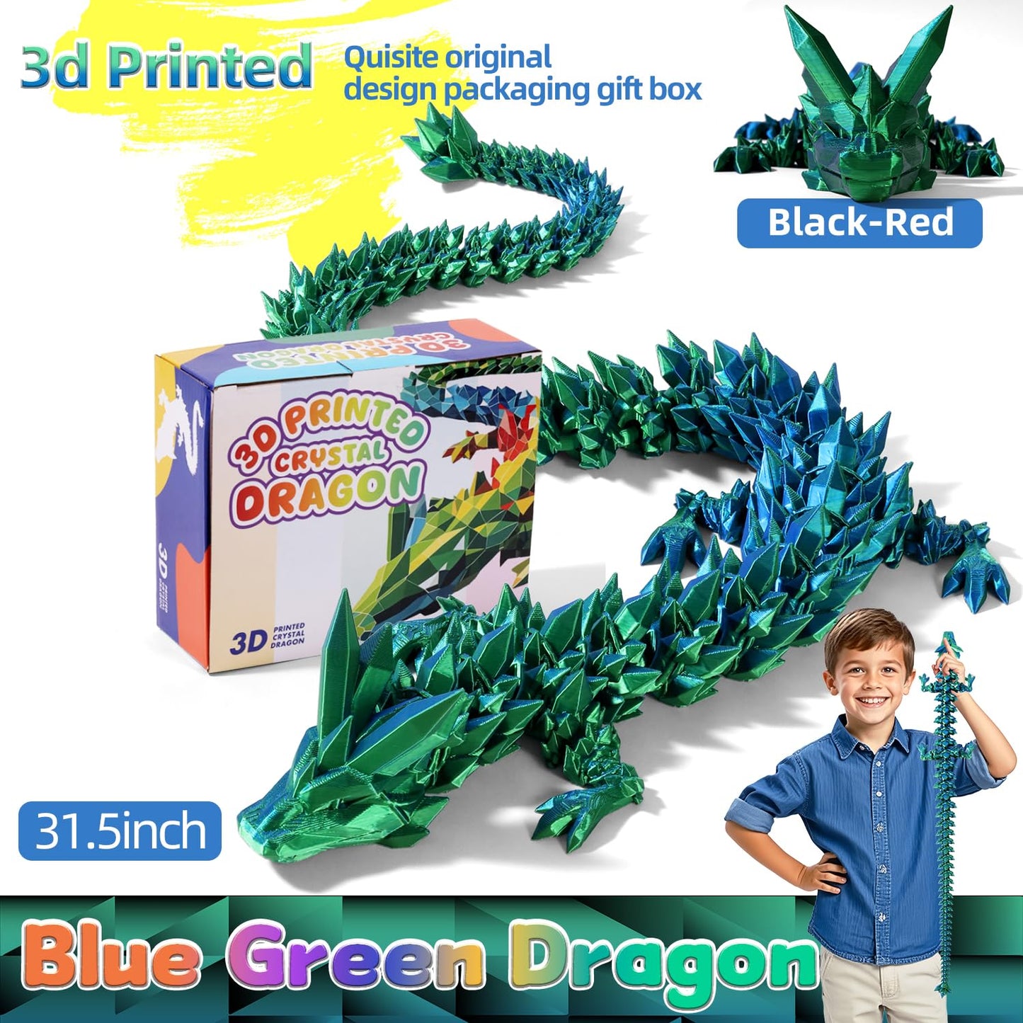 TXB3DOK 31.5-Inch Giant Articulated Dragon – Large 3D Printed Crystal Dragon for Desk Decor