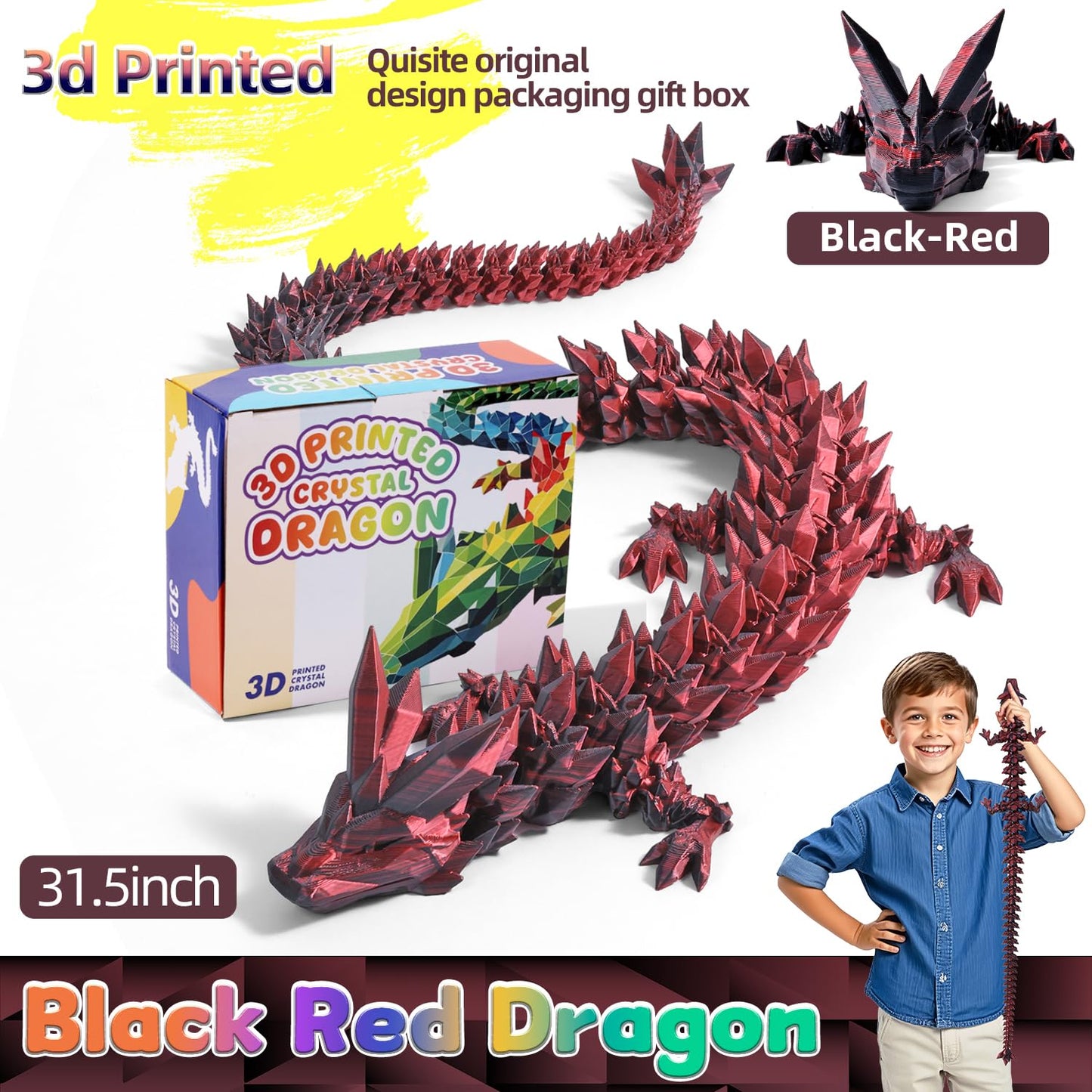 TXB3DOK 31.5-Inch Giant 3D Printed Dragon | Articulated Fidget Toy & Desk Decor