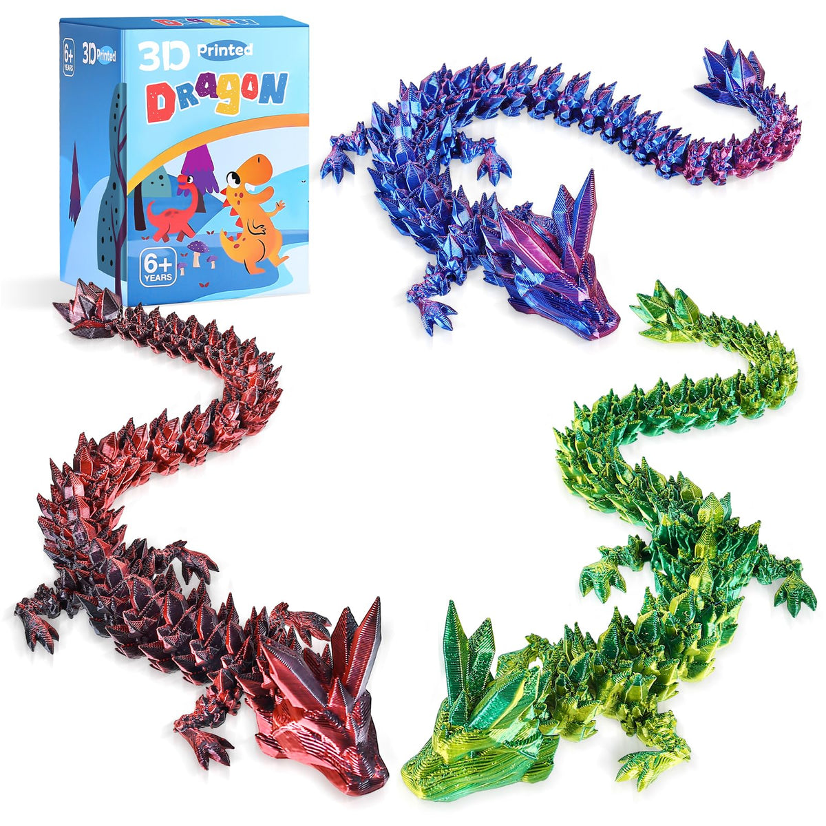 TXB3DOK 12in Crystal Dragon – Flexible Articulated Desk Decor & Fidget Toy (3pcs)
