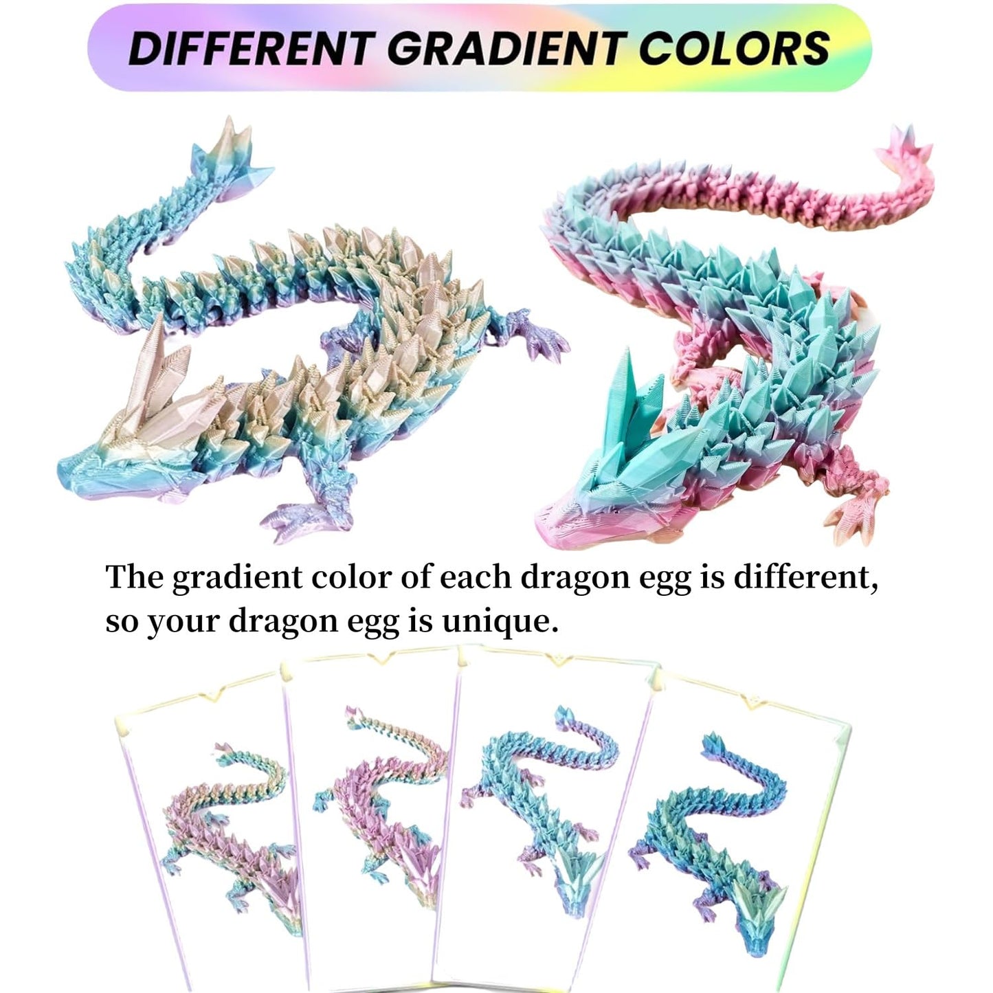 TXB3DOK 3-Pack 12in 3D Printed Crystal Dragon – Articulated Fidget Toy & Desk Decor