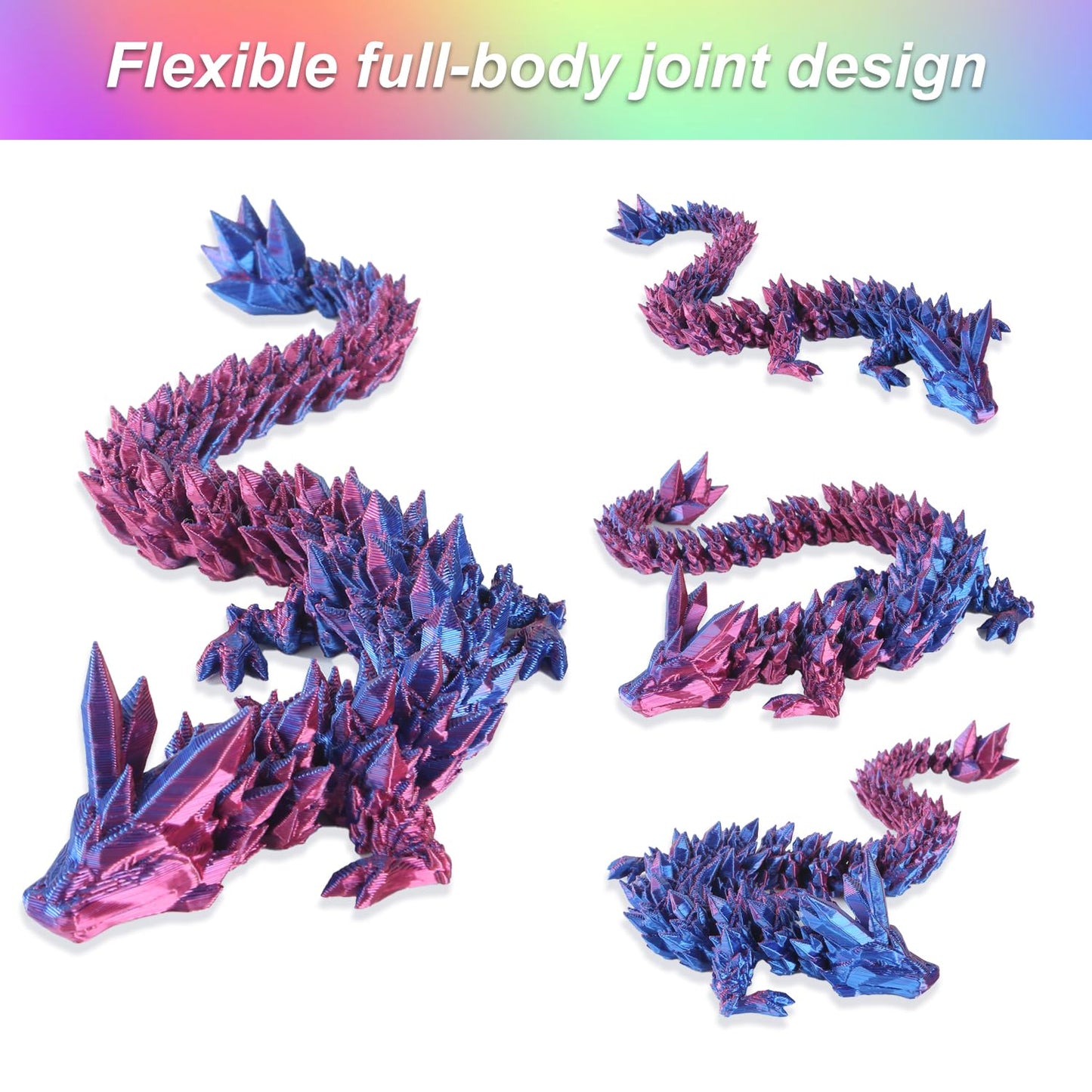 TXB3DOK 12in Crystal Dragon – Flexible Articulated Desk Decor & Fidget Toy (3pcs)