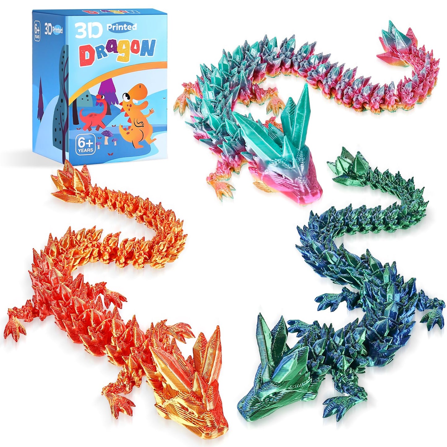 TXB3DOK 3-Pack 12in 3D Printed Crystal Dragon – Articulated Fidget Toy & Desk Decor
