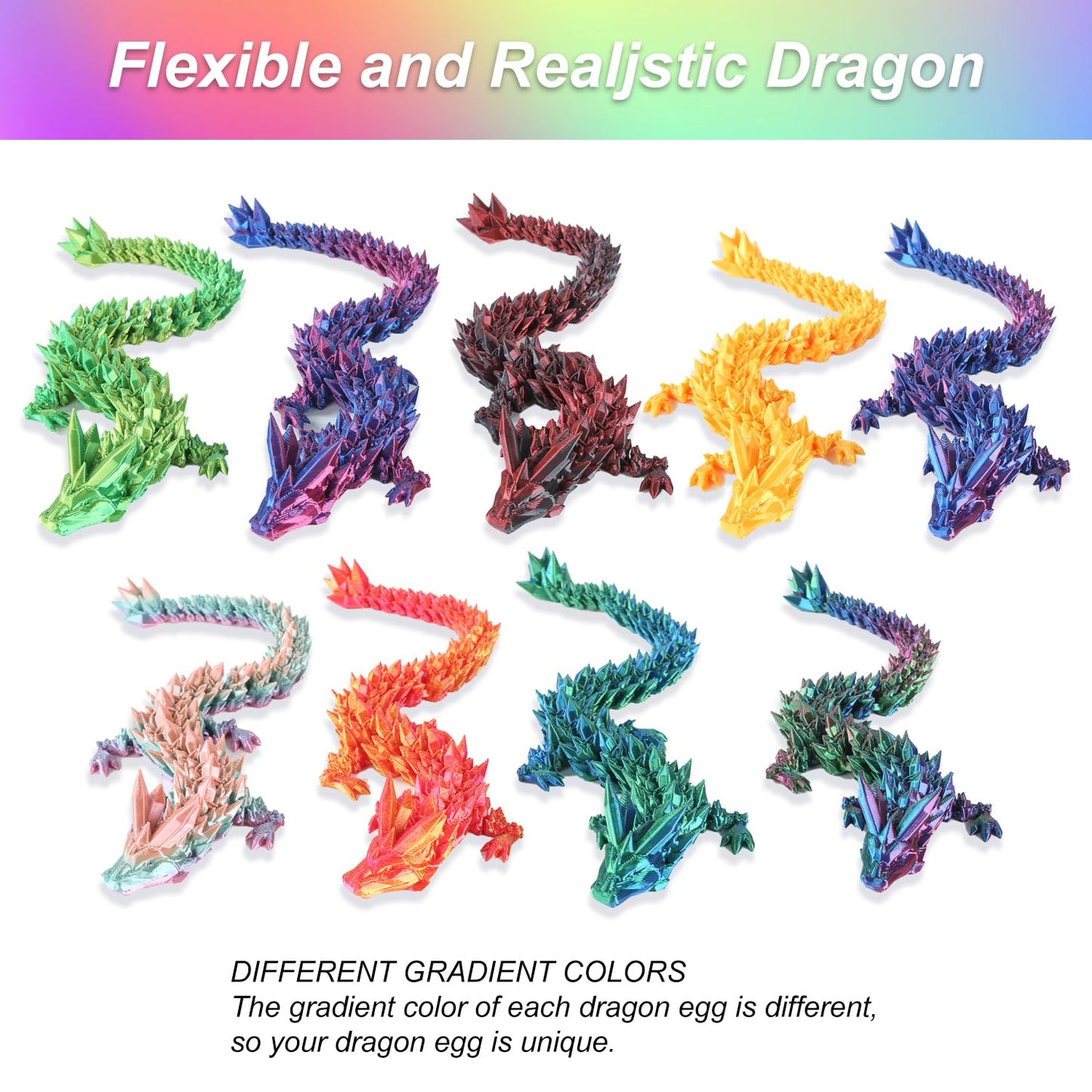 TXB3DOK 3-Pack 12in 3D Printed Crystal Dragon – Articulated Fidget Toy & Desk Decor