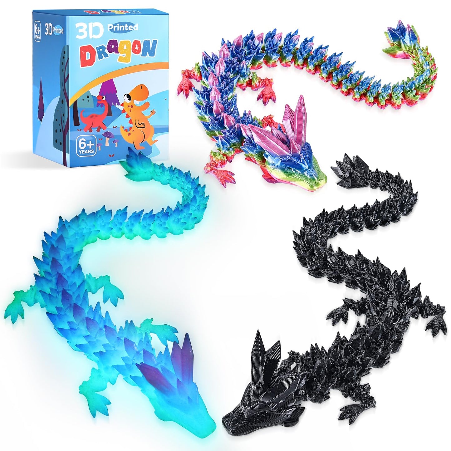 TXB3DOK 3pcs 12in Glow-in-the-Dark Crystal Dragons – Flexible 3D Printed Articulated Dragons