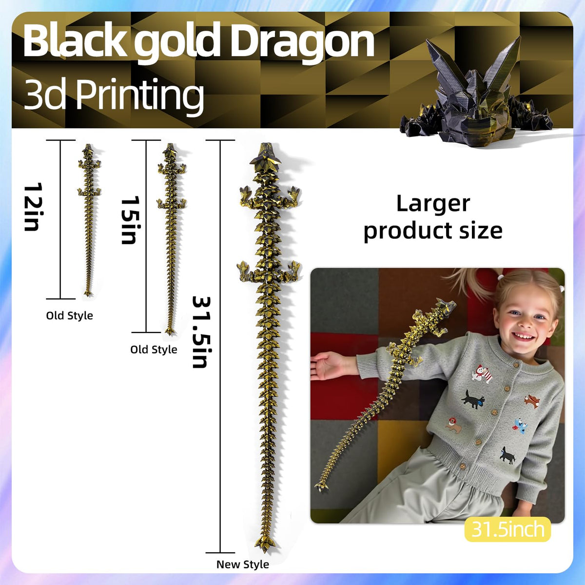 TXB3DOK 31.5-Inch Large 3D Printed Dragon | Oversized Articulated Crystal Fidget Toy