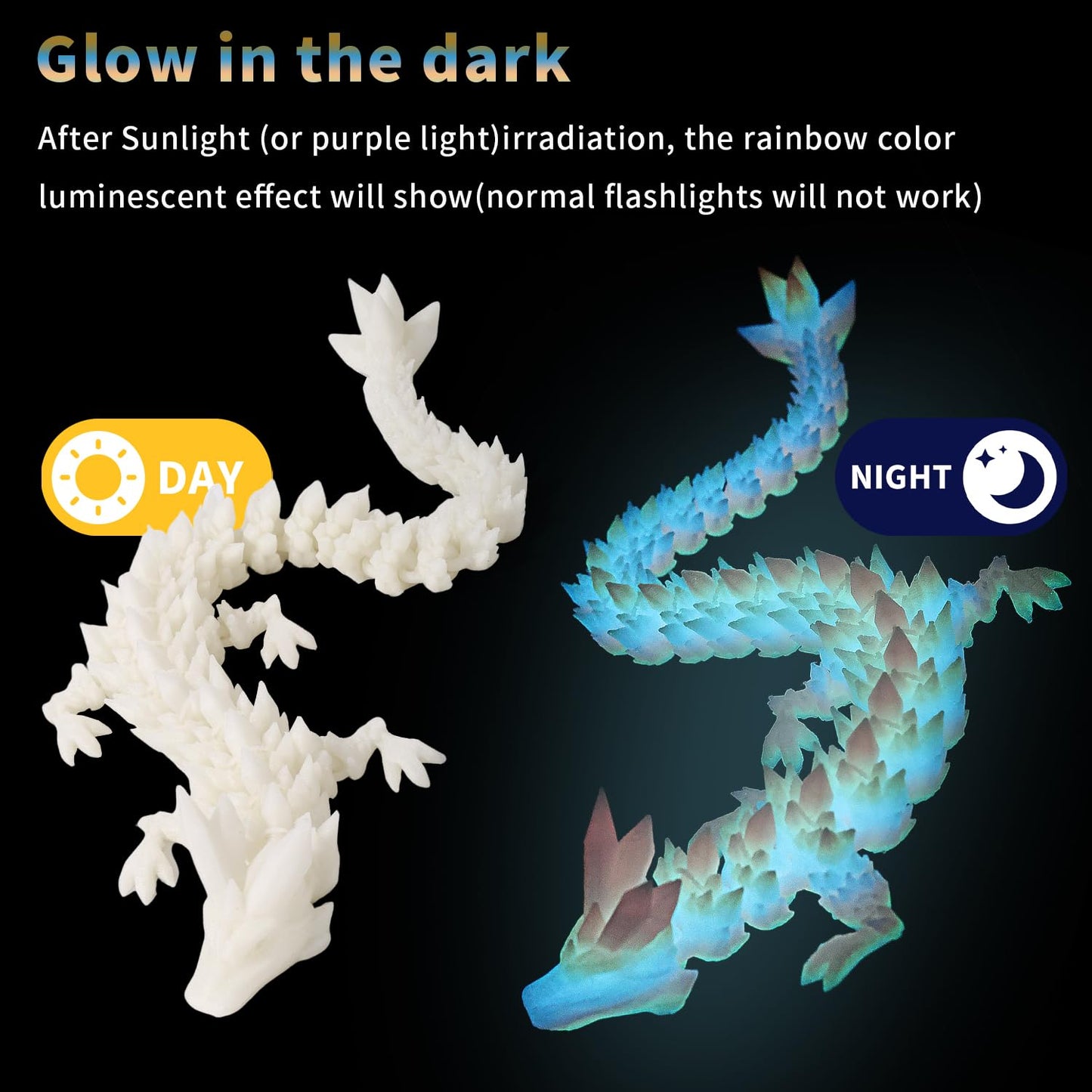 TXB3DOK 3pcs 12in Glow-in-the-Dark Crystal Dragons – Flexible 3D Printed Articulated Dragons