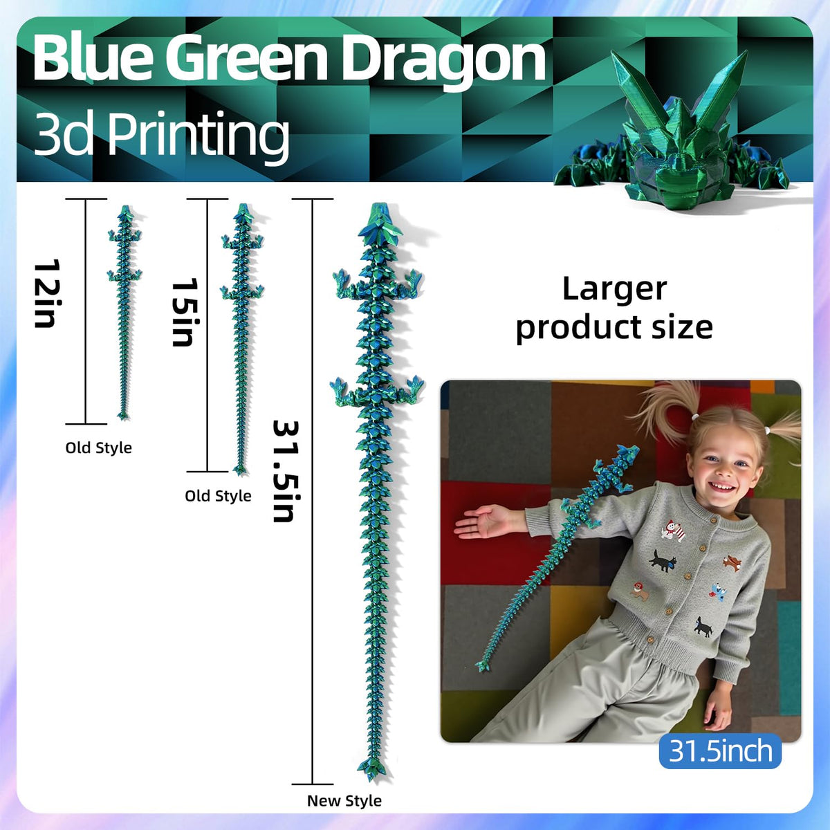 TXB3DOK 31.5-Inch Giant Articulated Dragon – Large 3D Printed Crystal Dragon for Desk Decor