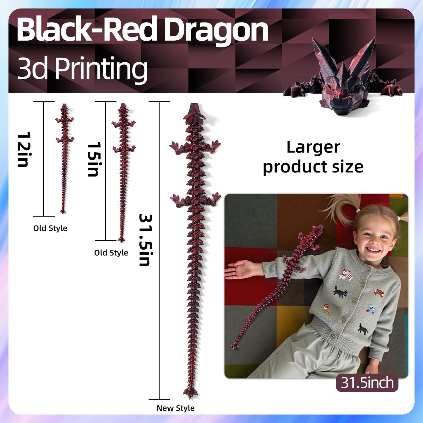 TXB3DOK 31.5-Inch Giant 3D Printed Dragon | Articulated Fidget Toy & Desk Decor