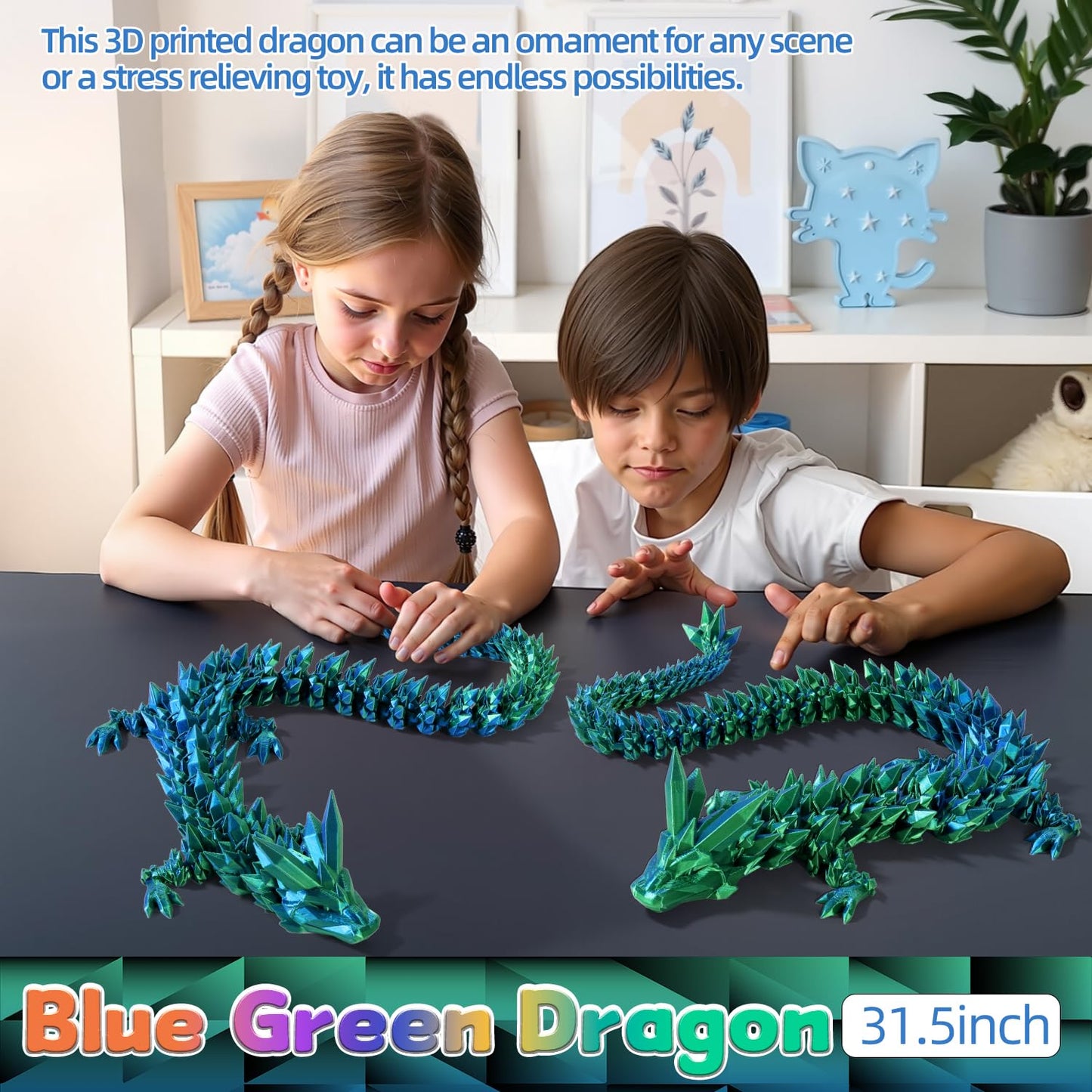 TXB3DOK 31.5-Inch Giant Articulated Dragon – Large 3D Printed Crystal Dragon for Desk Decor
