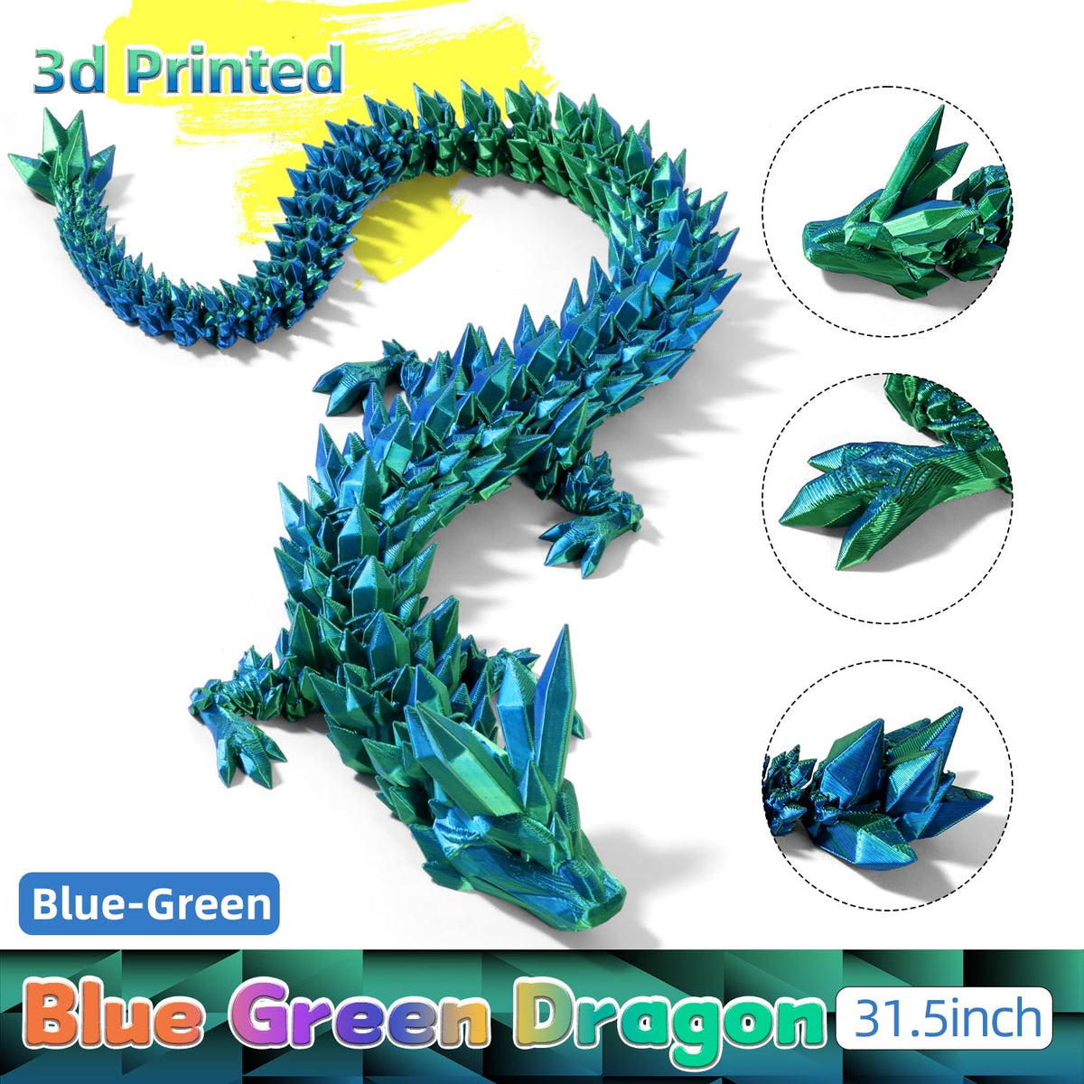 TXB3DOK 31.5-Inch Giant Articulated Dragon – Large 3D Printed Crystal Dragon for Desk Decor