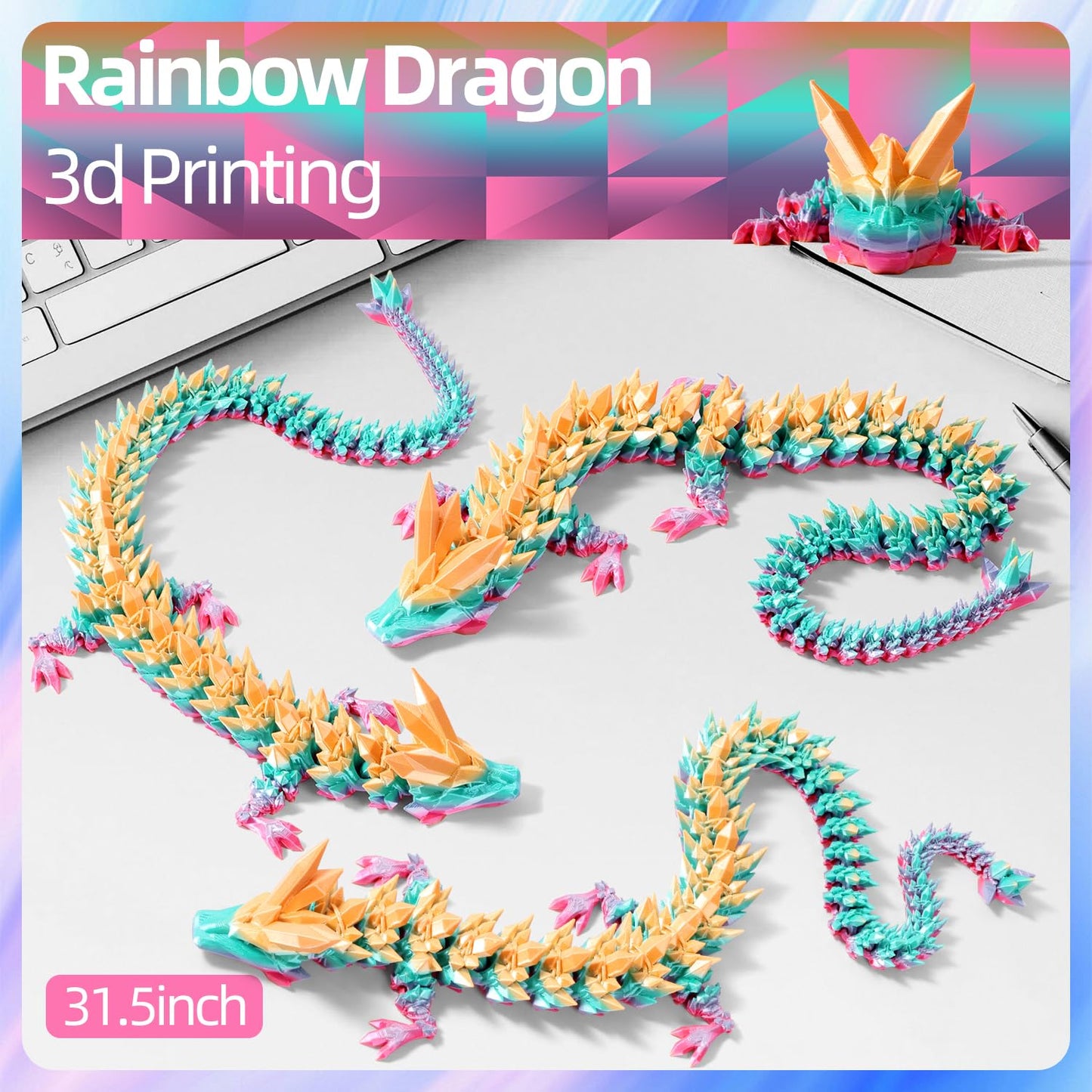 TXB3DOK 31.5-Inch Giant 3D Printed Dragon – Rainbow, Articulated Desk Decor