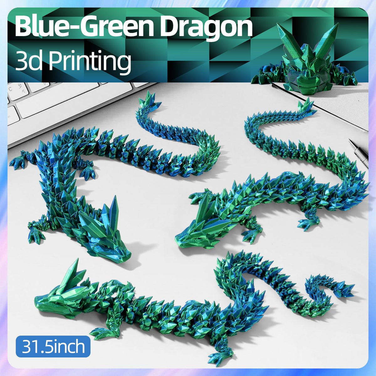 TXB3DOK 31.5-Inch Giant Articulated Dragon – Large 3D Printed Crystal Dragon for Desk Decor