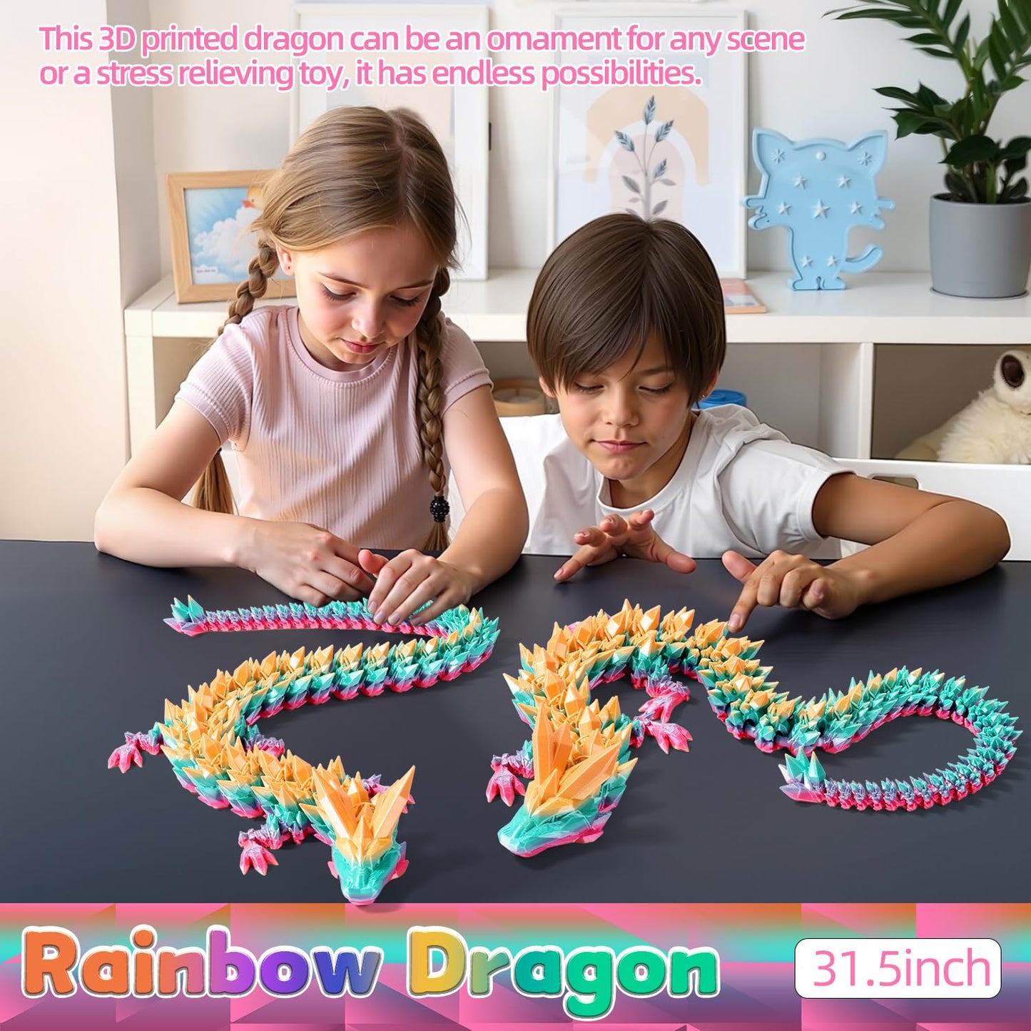TXB3DOK 31.5-Inch Giant 3D Printed Dragon – Rainbow, Articulated Desk Decor