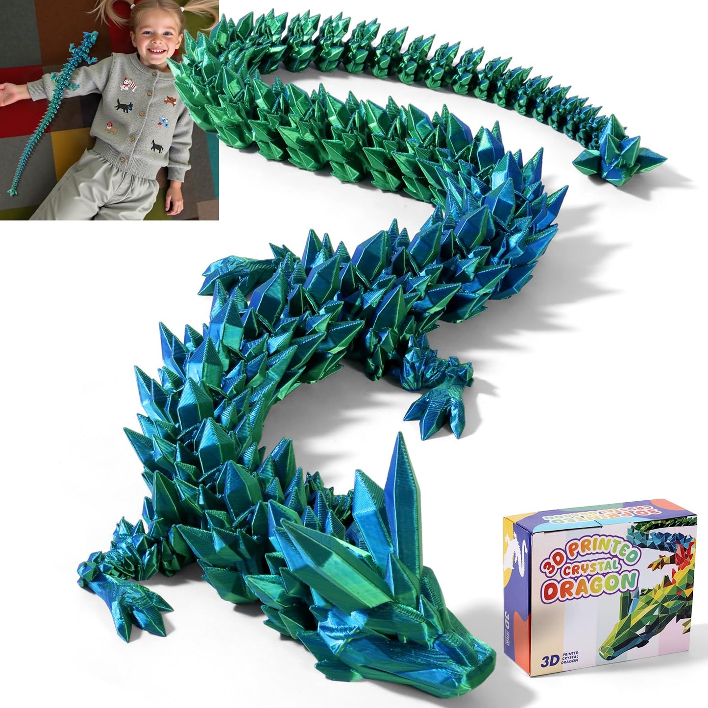 TXB3DOK 31.5-Inch Giant Articulated Dragon – Large 3D Printed Crystal Dragon for Desk Decor