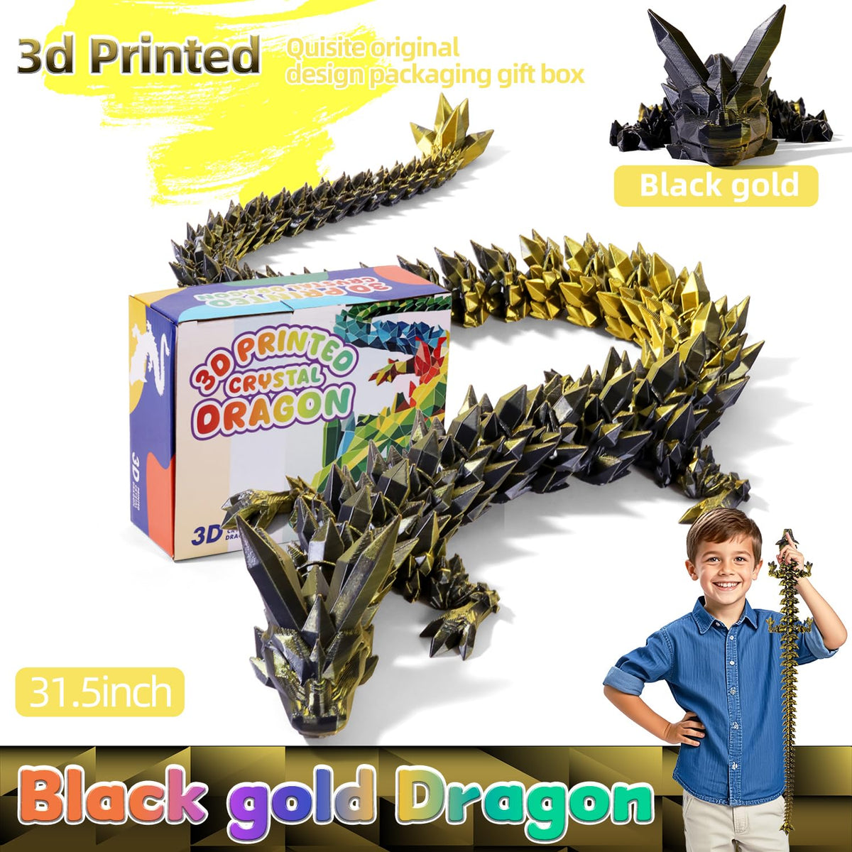 TXB3DOK 31.5-Inch Large 3D Printed Dragon | Oversized Articulated Crystal Fidget Toy