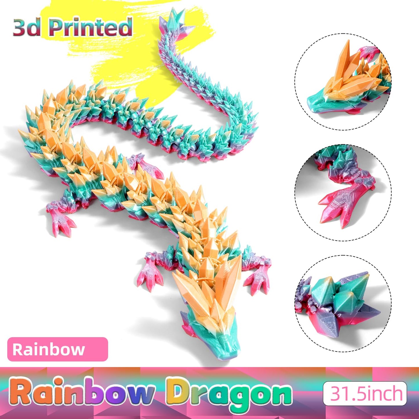 TXB3DOK 31.5-Inch Giant 3D Printed Dragon – Rainbow, Articulated Desk Decor