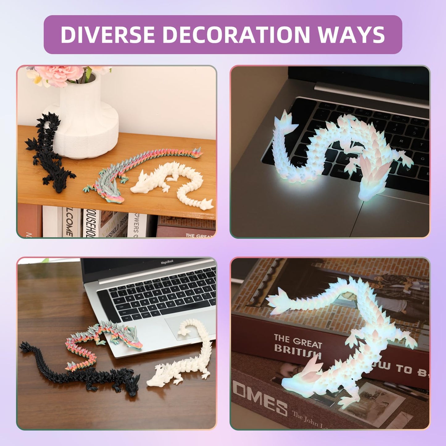 TXB3DOK 3pcs 12in Glow-in-the-Dark Crystal Dragons – Flexible 3D Printed Articulated Dragons