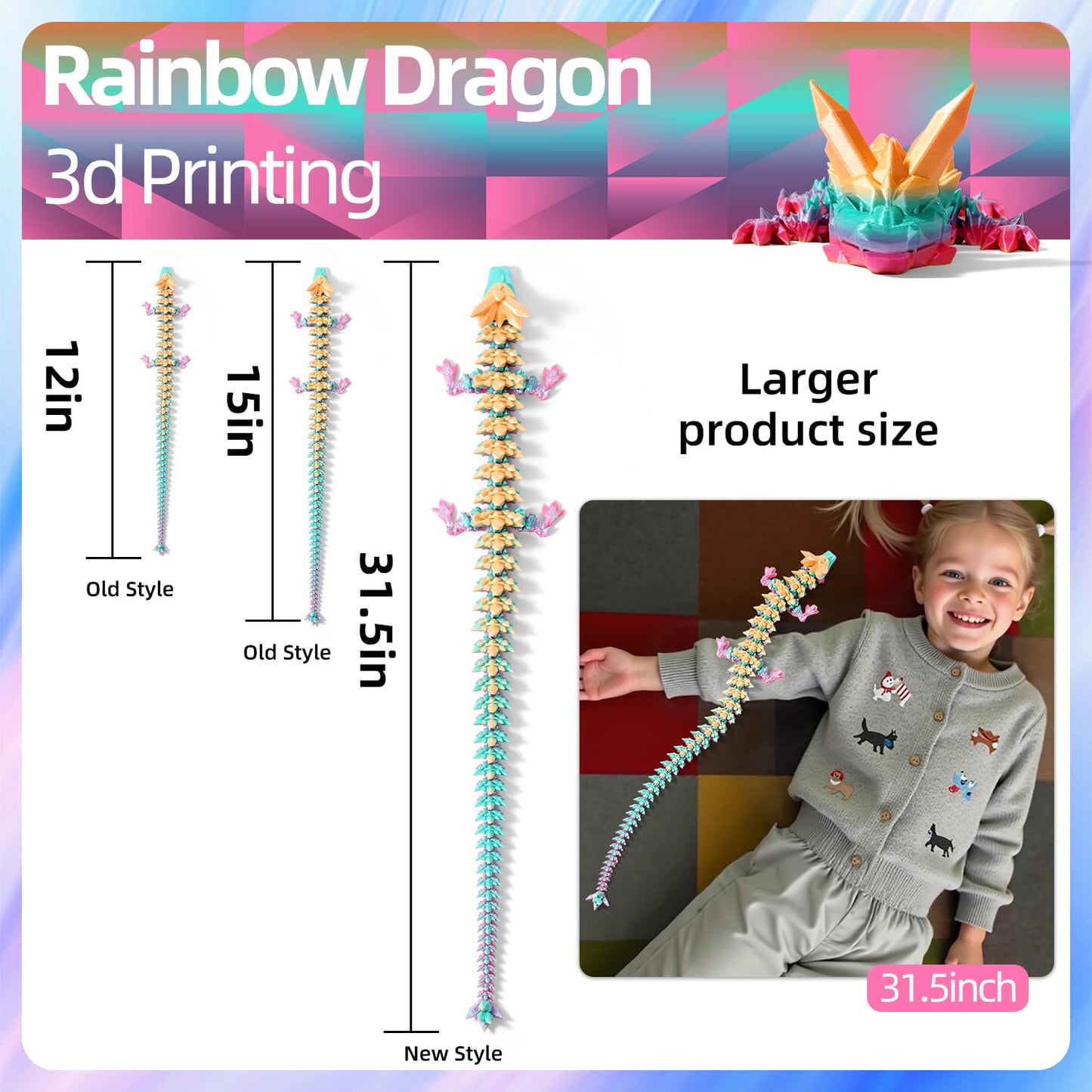 TXB3DOK 31.5-Inch Giant 3D Printed Dragon – Rainbow, Articulated Desk Decor