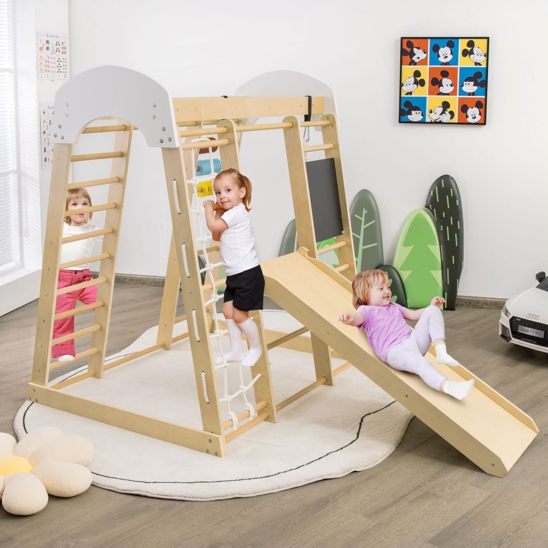 7-in-1 Wooden Climbing Toy Set for Toddlers with Monkey Bars and Blackboard-Colourful