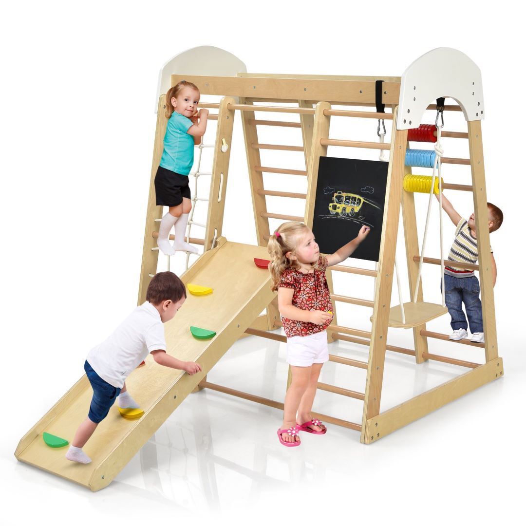 7-in-1 Wooden Climbing Toy Set for Toddlers with Monkey Bars and Blackboard-Colourful