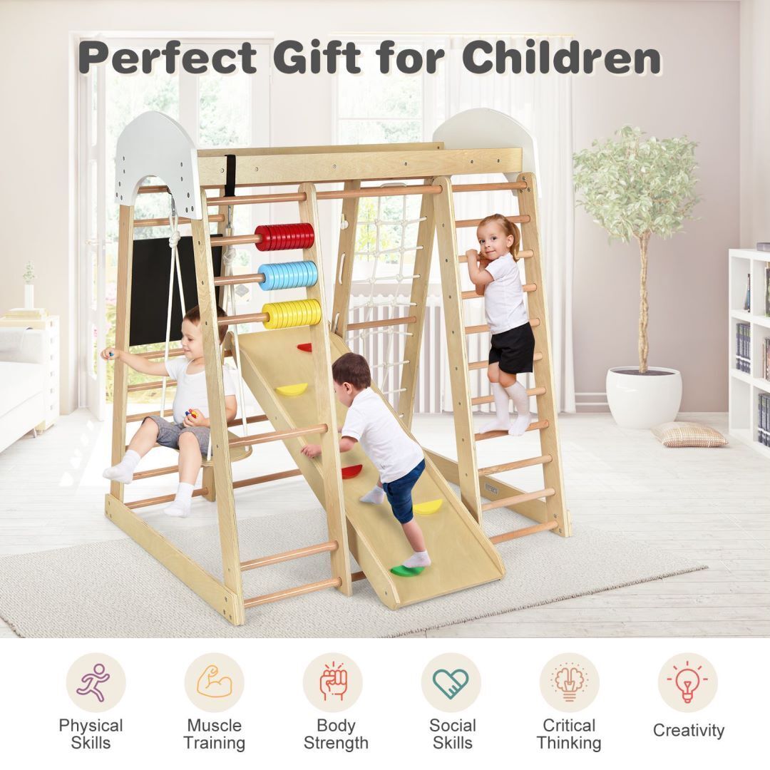 7-in-1 Wooden Climbing Toy Set for Toddlers with Monkey Bars and Blackboard-Colourful