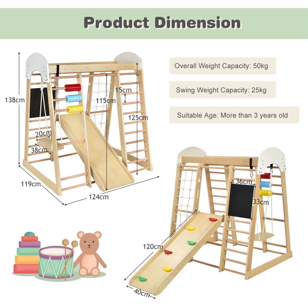 7-in-1 Wooden Climbing Toy Set for Toddlers with Monkey Bars and Blackboard-Colourful