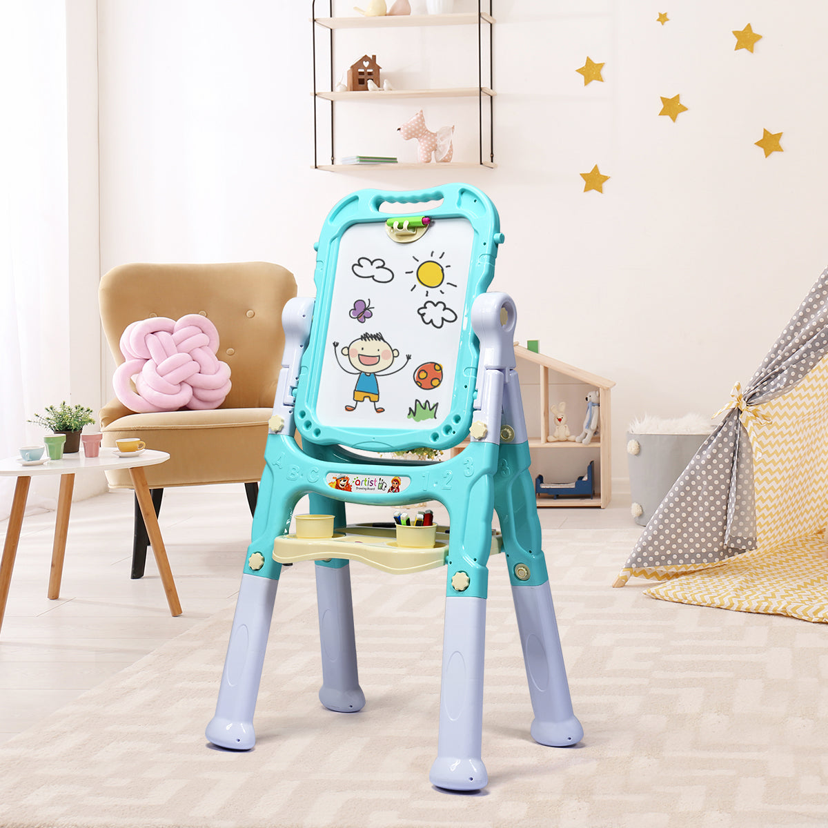 Kids Double Sided Boards Easel Magnetic Painting Art-Blue