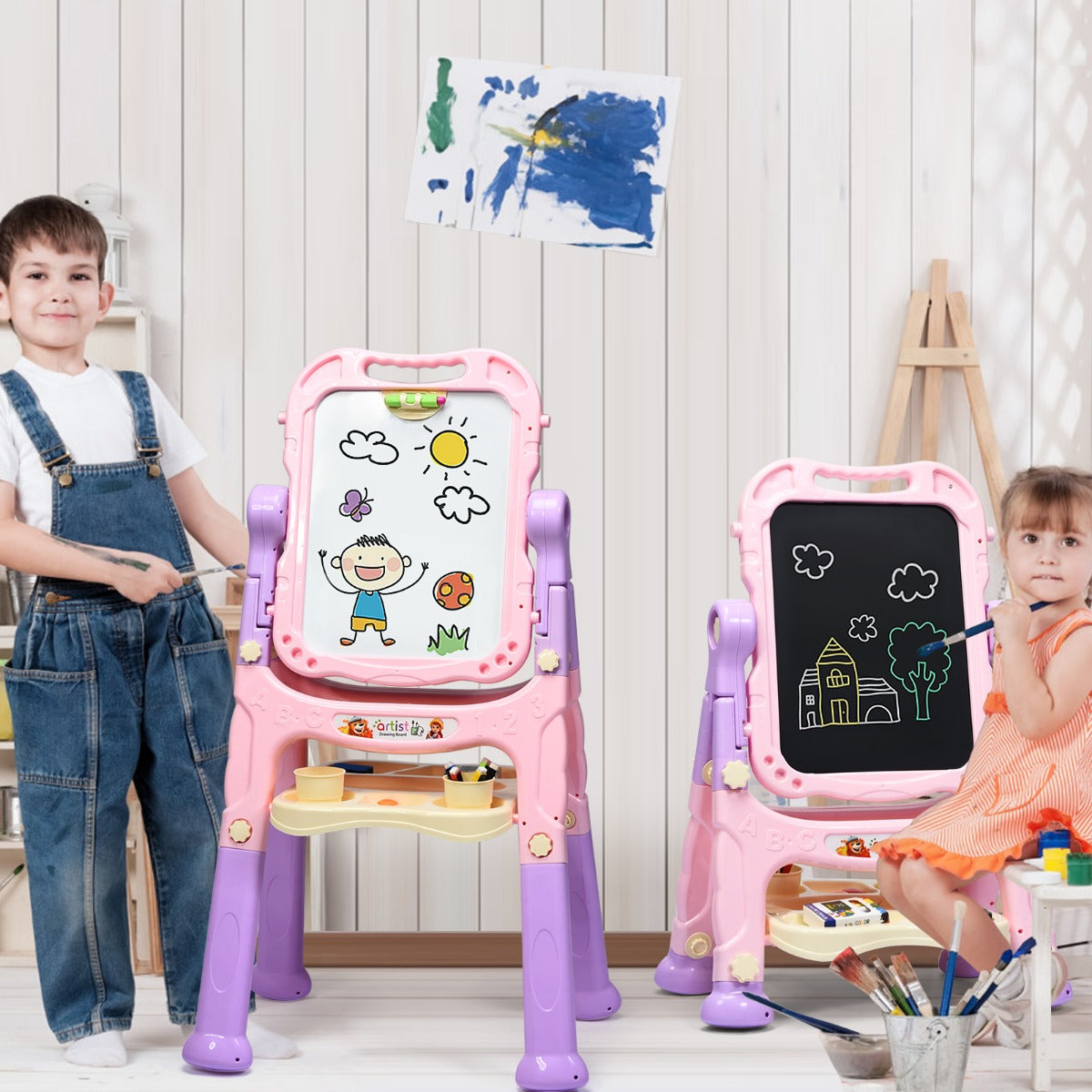Kids Double Sided Boards Easel Magnetic Painting Art-Blue