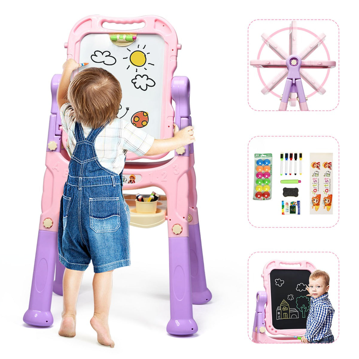 Kids Double Sided Boards Easel Magnetic Painting Art-Blue