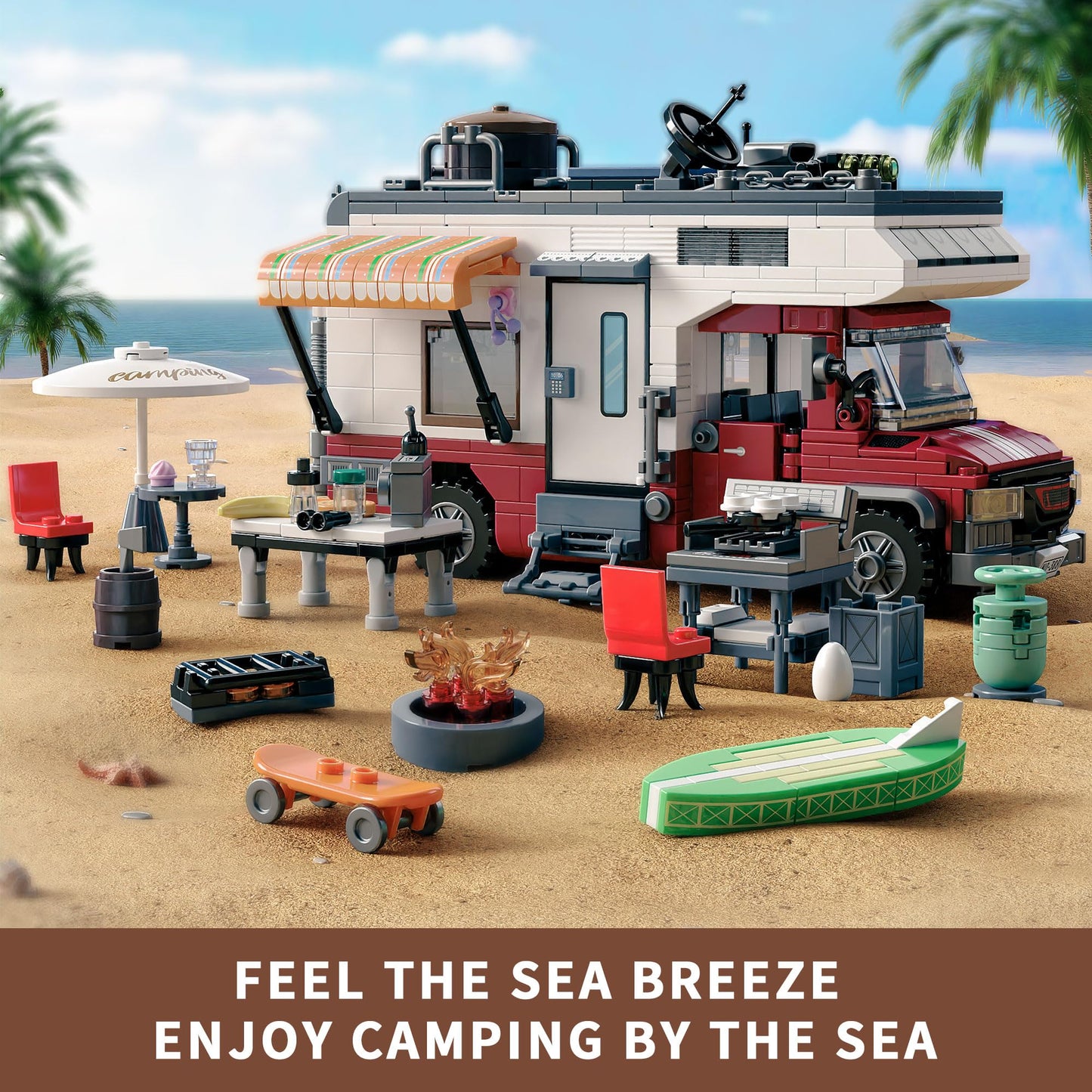 TYCOLE City Camper Van Set – 880-Piece Lego-Compatible Beach RV with Lights