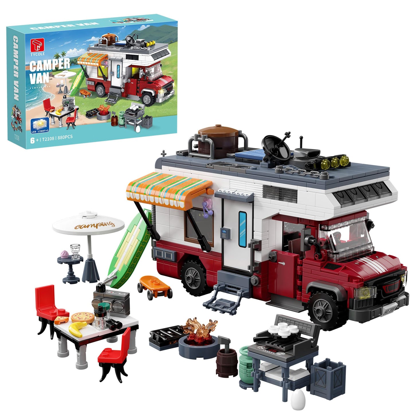 TYCOLE City Camper Van Set – 880-Piece Lego-Compatible Beach RV with Lights