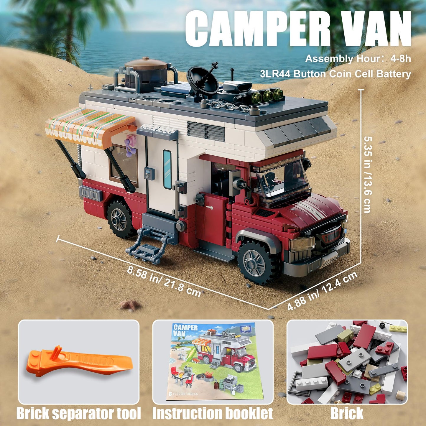 TYCOLE City Camper Van Set – 880-Piece Lego-Compatible Beach RV with Lights